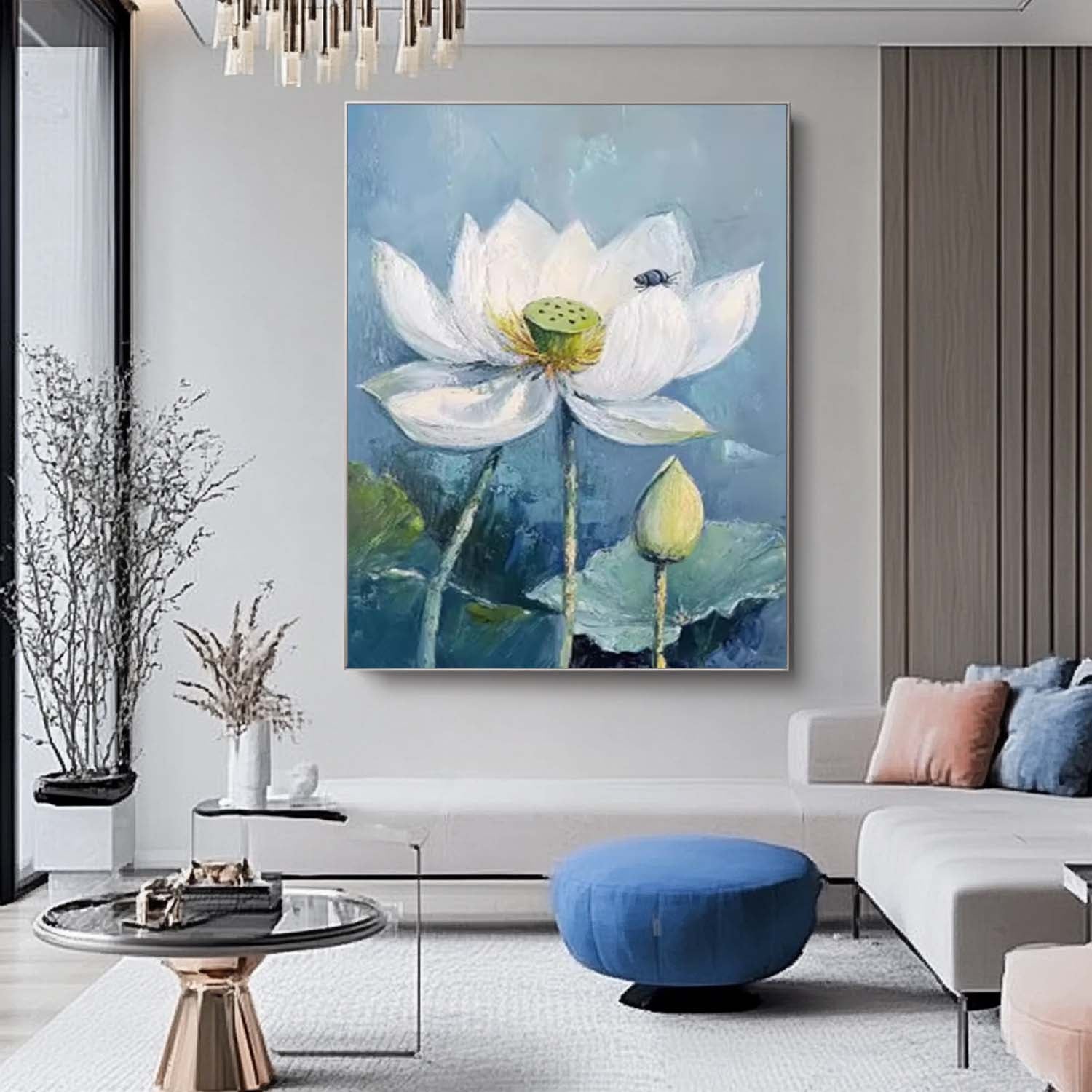 Big Original Texture Beautiful Blue Flowers Artwork Abstract Lotus Flower Oil Painting On Canvas Framed