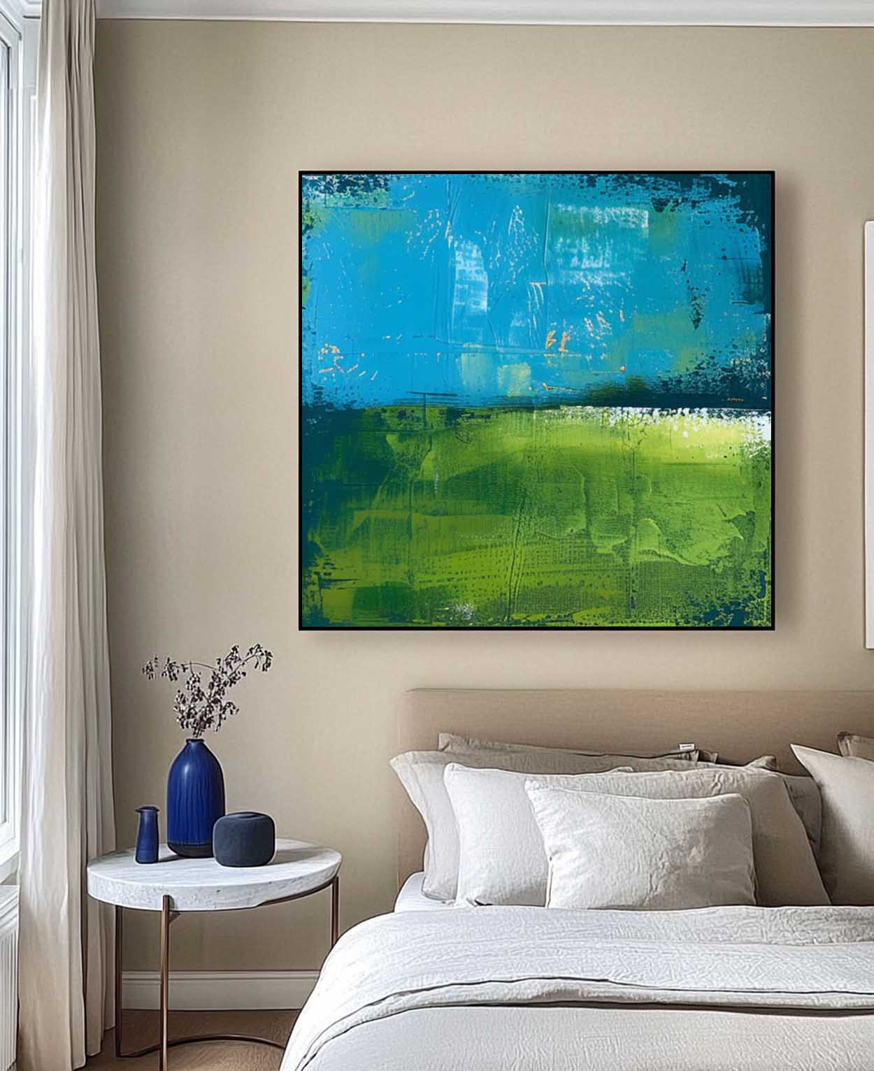 Original Wall Art  Blue And Green Large Abstract Oil Painting On Canvas Modern Nature Art for Living Room