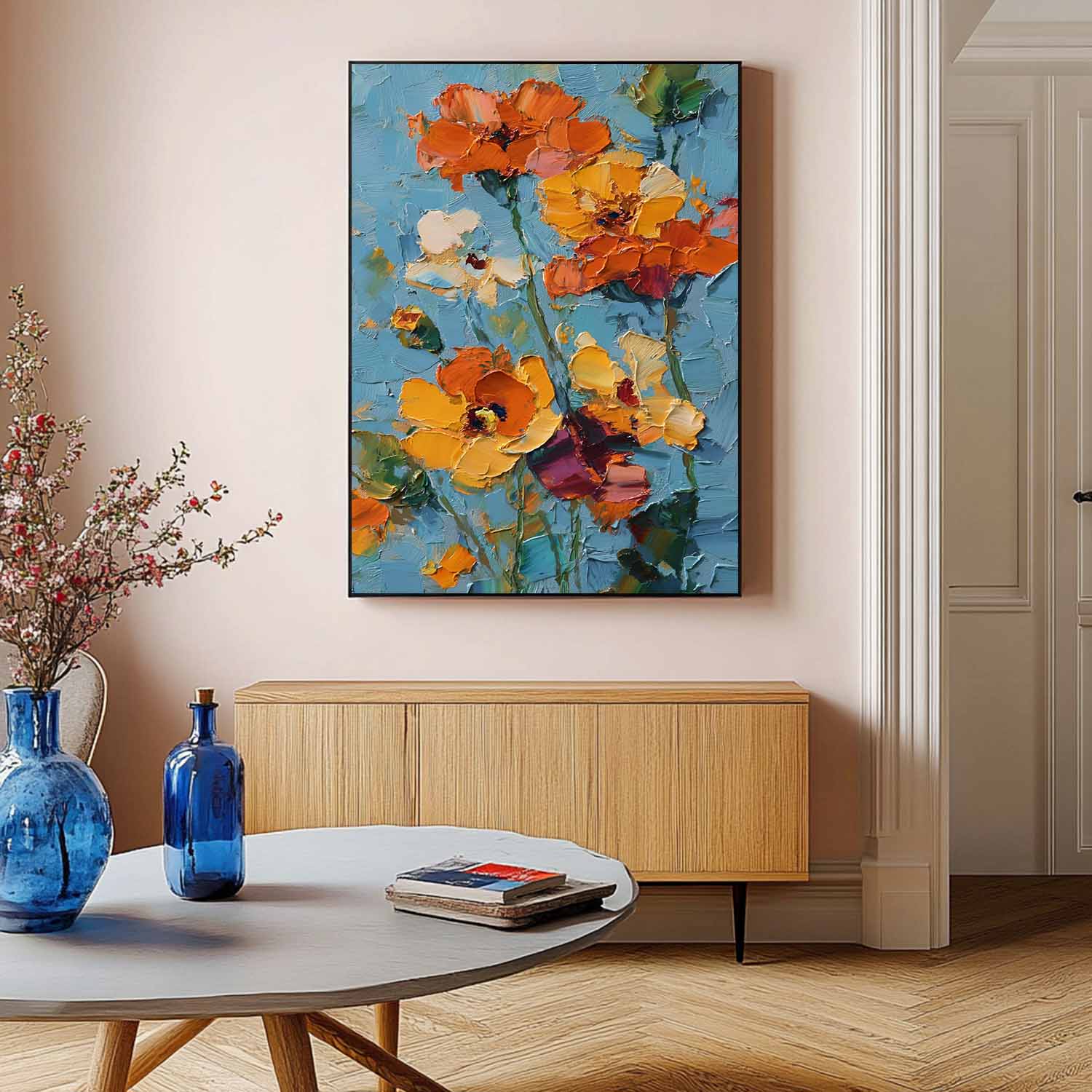 Impasto Oil Floral Bouquet Wall Art Vibrant Orange-Yellow Blooms On Teal Background Textured Modern Home Decor