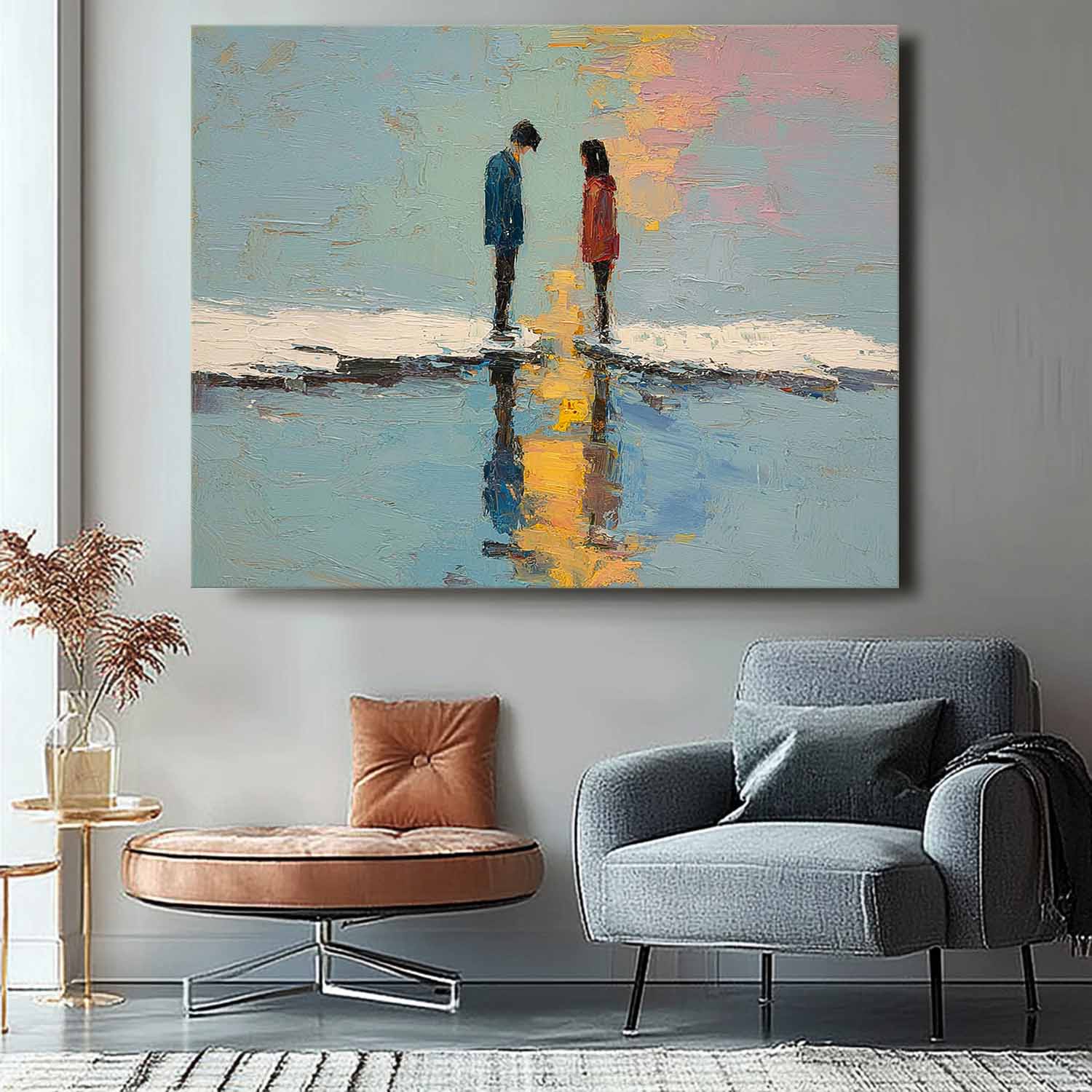 Abstract Couple Palette Knife Painting Sunset Water Reflection Wall Art Large Impressionist Canvas for Living Room