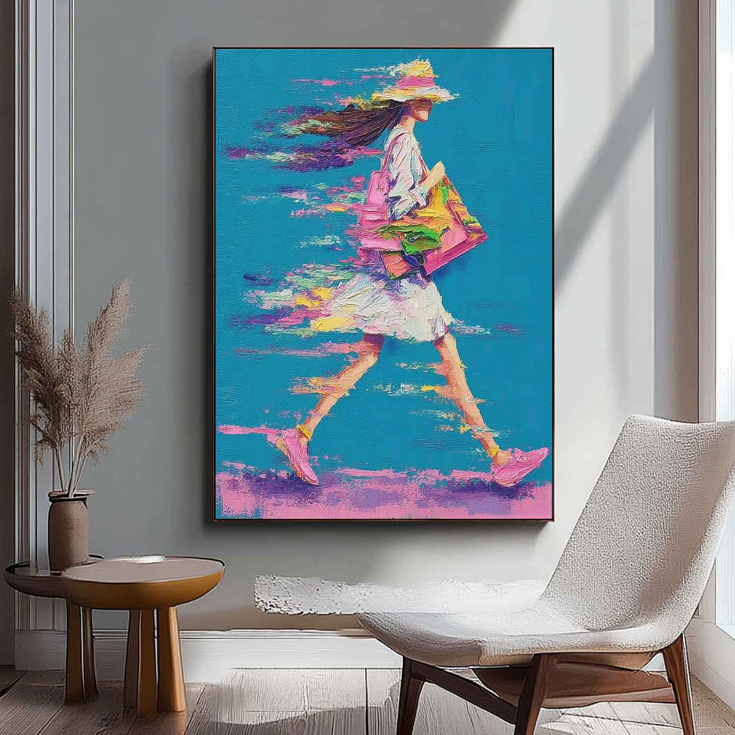 Bright Colorful Modern Impasto Oil Painting Walking Woman Art Textured Canvas Of Woman Impressionist Painting