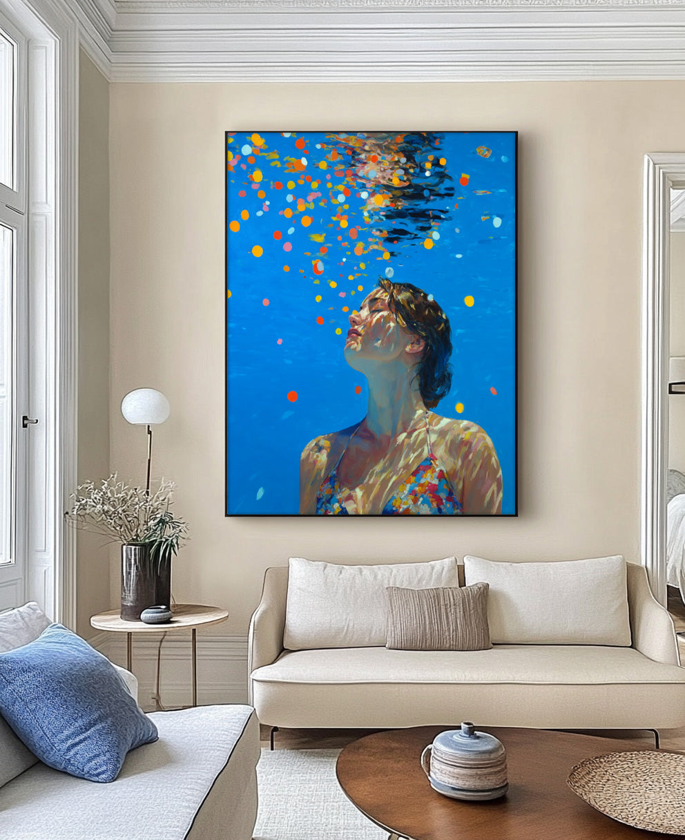 Diving in Ocean Woman Handmade Canvas Artwork Blue Abstract Swimming Girl Wall Art Diving Oil painting