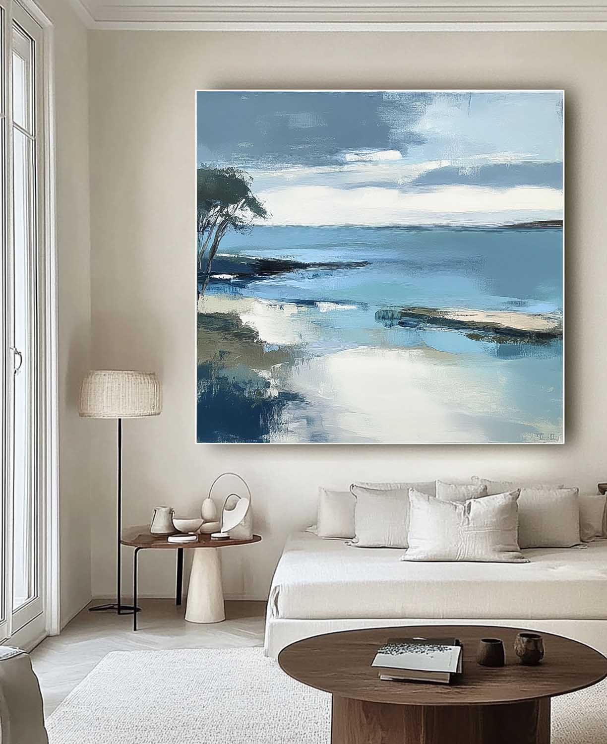Large Blue Texture Wall Art Seaside Landscape Artwork Abstract Offing Scenery Oil Painting Framed Home Decor