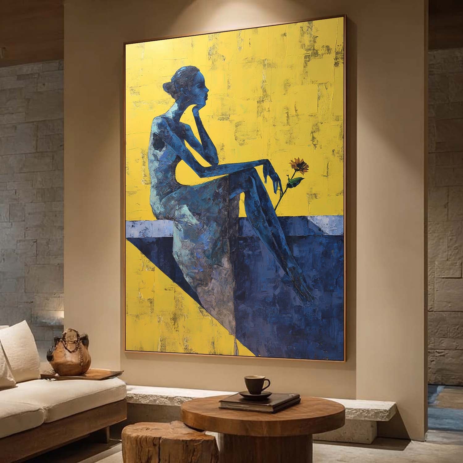 Textured Abstract Painting Pensive Lady Impasto Style Wall Art Contemporary Meditative Female Portrait Artwork