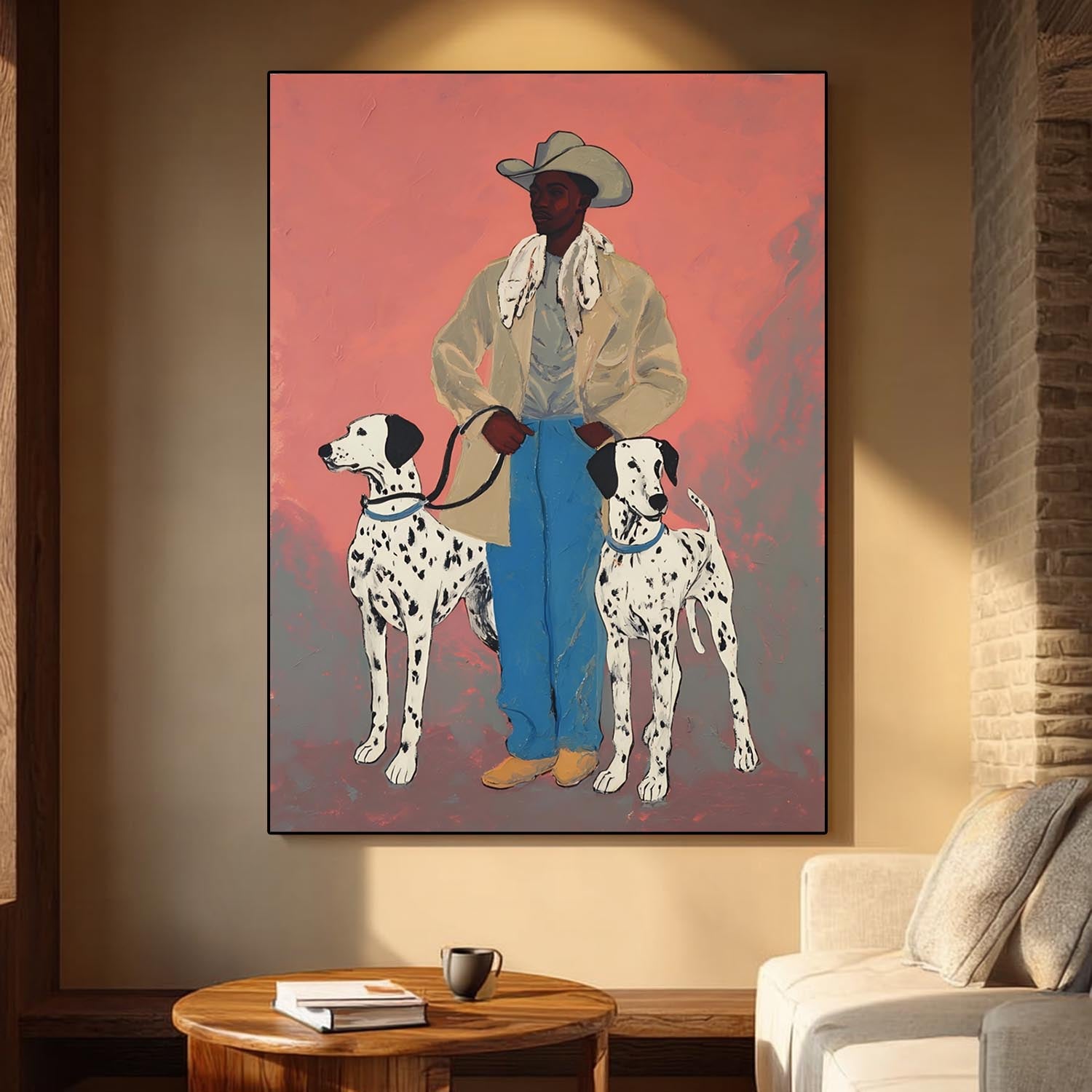 Vintage Cowboy With Dalmatian Dogs Handpainted Painting Western Style Wall Art Unique Animal Painting Dog Lovers