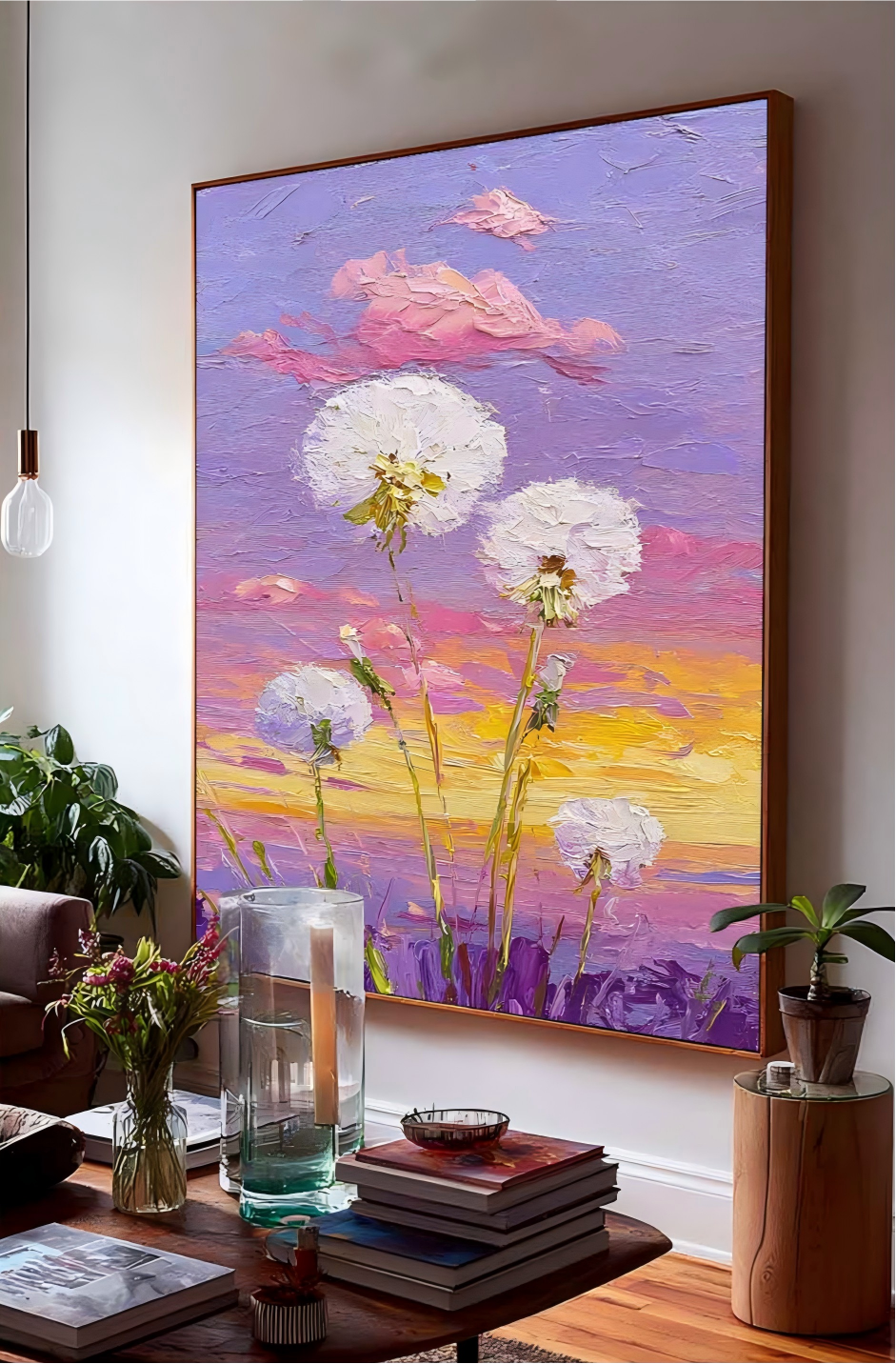 Vertical Dandelion Wall Art Textured Purple Sunset Oil Painting Vibrant Meadow Floral Art Decor