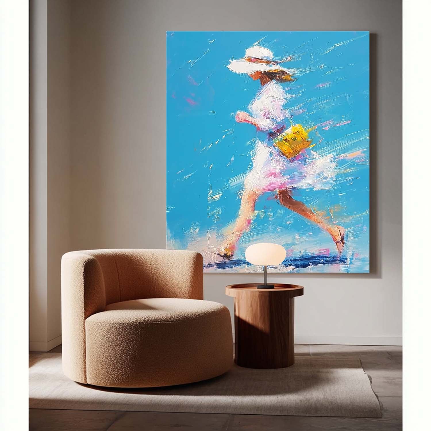 Textured Canvas Of Woman Impressionist Painting Bright Colorful Modern Impasto Oil Painting Walking Woman Art