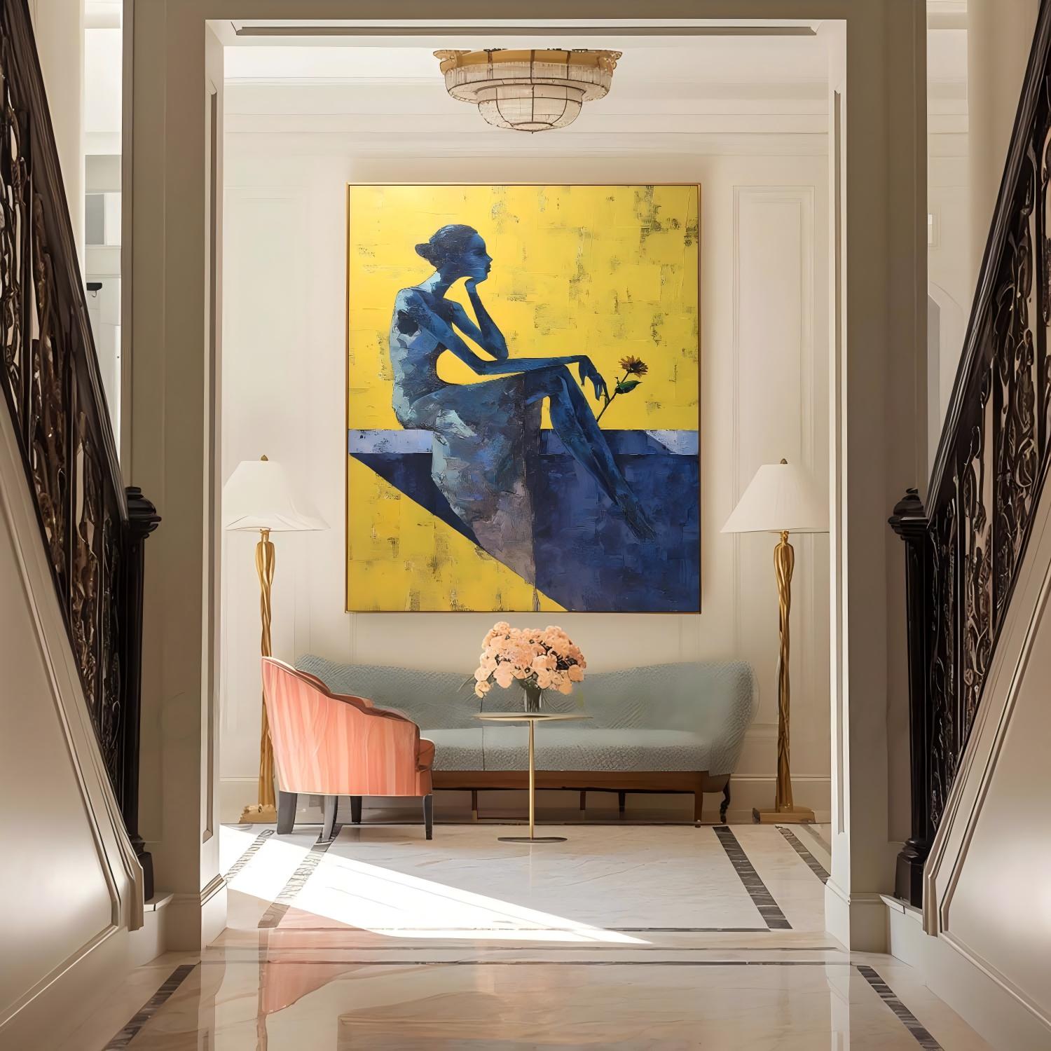 Textured Abstract Painting Pensive Lady Impasto Style Wall Art Contemporary Meditative Female Portrait Artwork