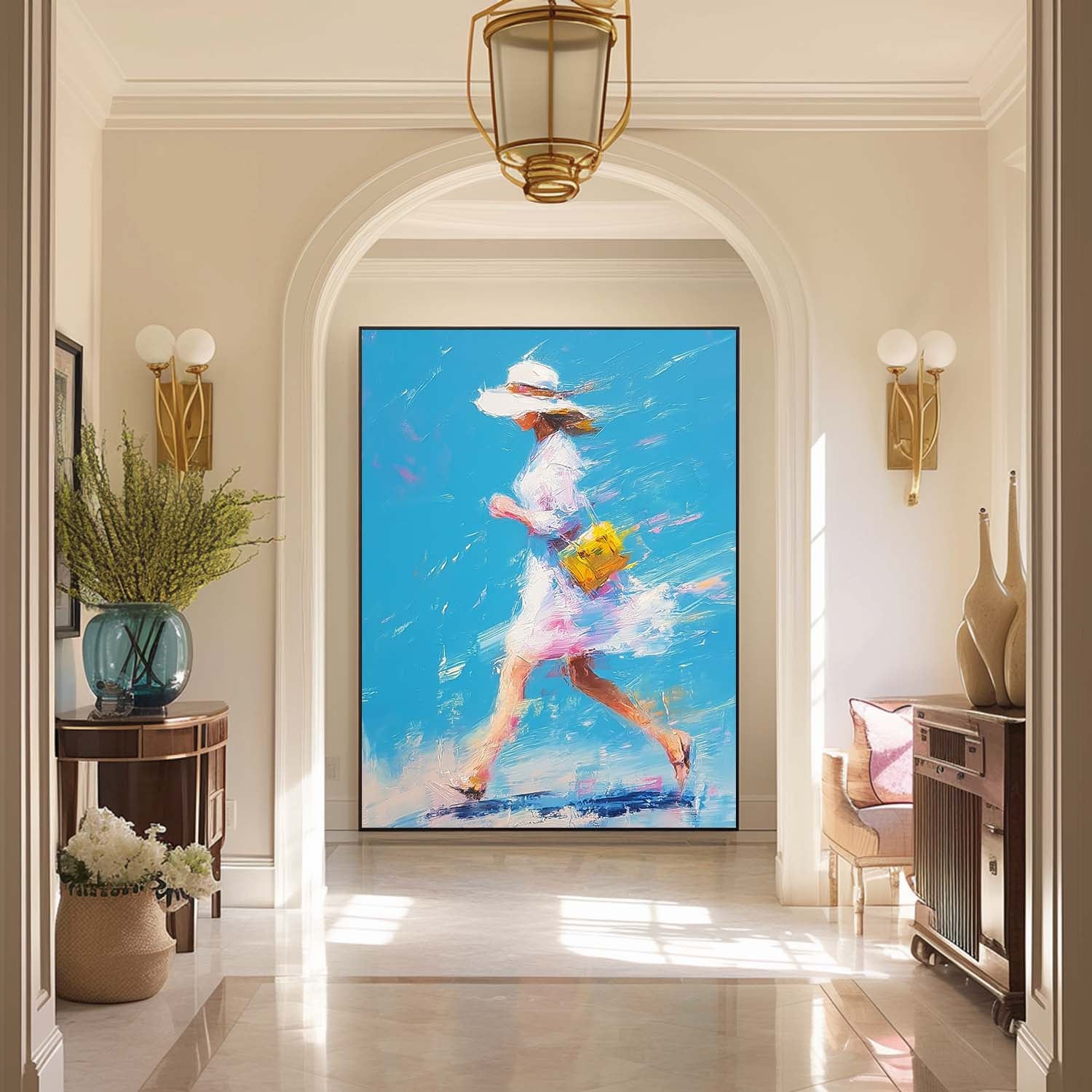 Textured Canvas Of Woman Impressionist Painting Bright Colorful Modern Impasto Oil Painting Walking Woman Art