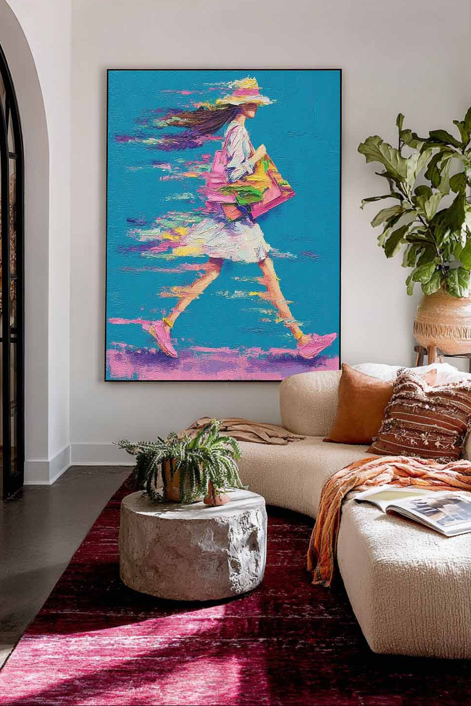 Bright Colorful Modern Impasto Oil Painting Walking Woman Art Textured Canvas Of Woman Impressionist Painting