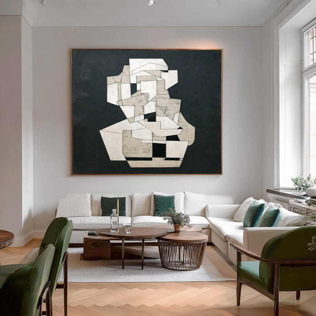 Modern Canvas Painting For Home Decor Abstract Geometric Black & White Wall Art Minimalist Unique Artwork