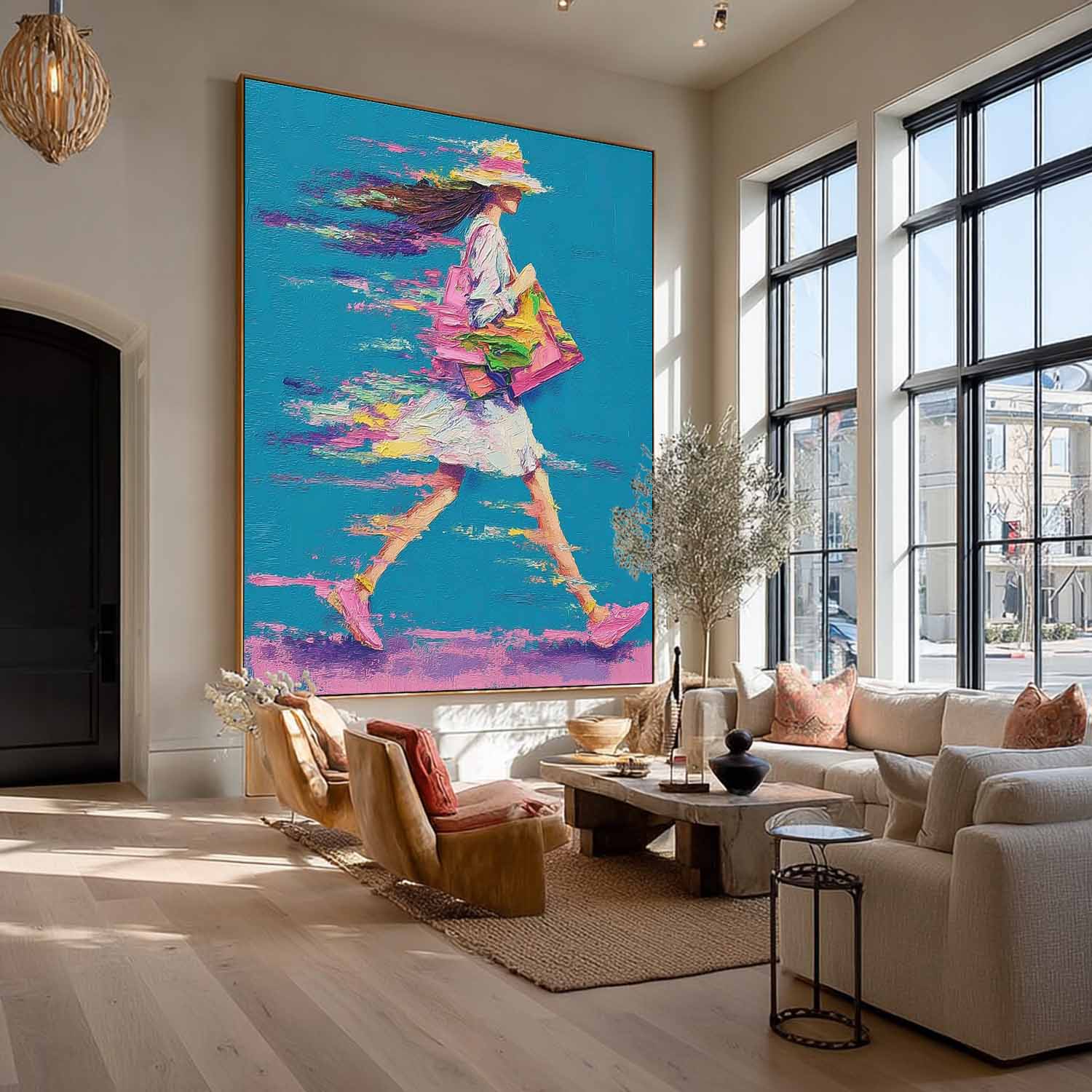 Bright Colorful Modern Impasto Oil Painting Walking Woman Art Textured Canvas Of Woman Impressionist Painting