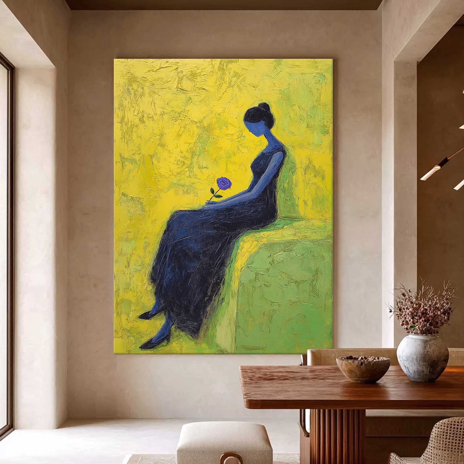 Melancholic Blue Lady Oil Painting Impasto Abstract Wall Art Serene Woman Modern Portrait Textured Artwork