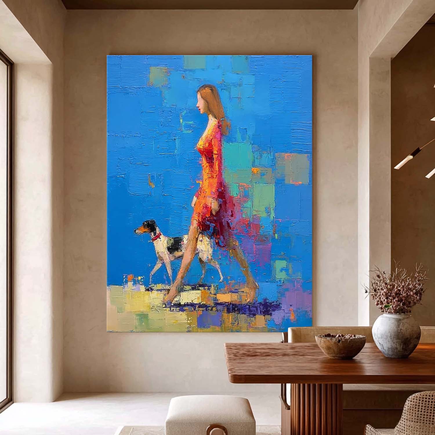 Modern Impressionist Painting Elegant Woman Walking Dog Blue Abstract Wall Art Textured Palette Knife Artwork