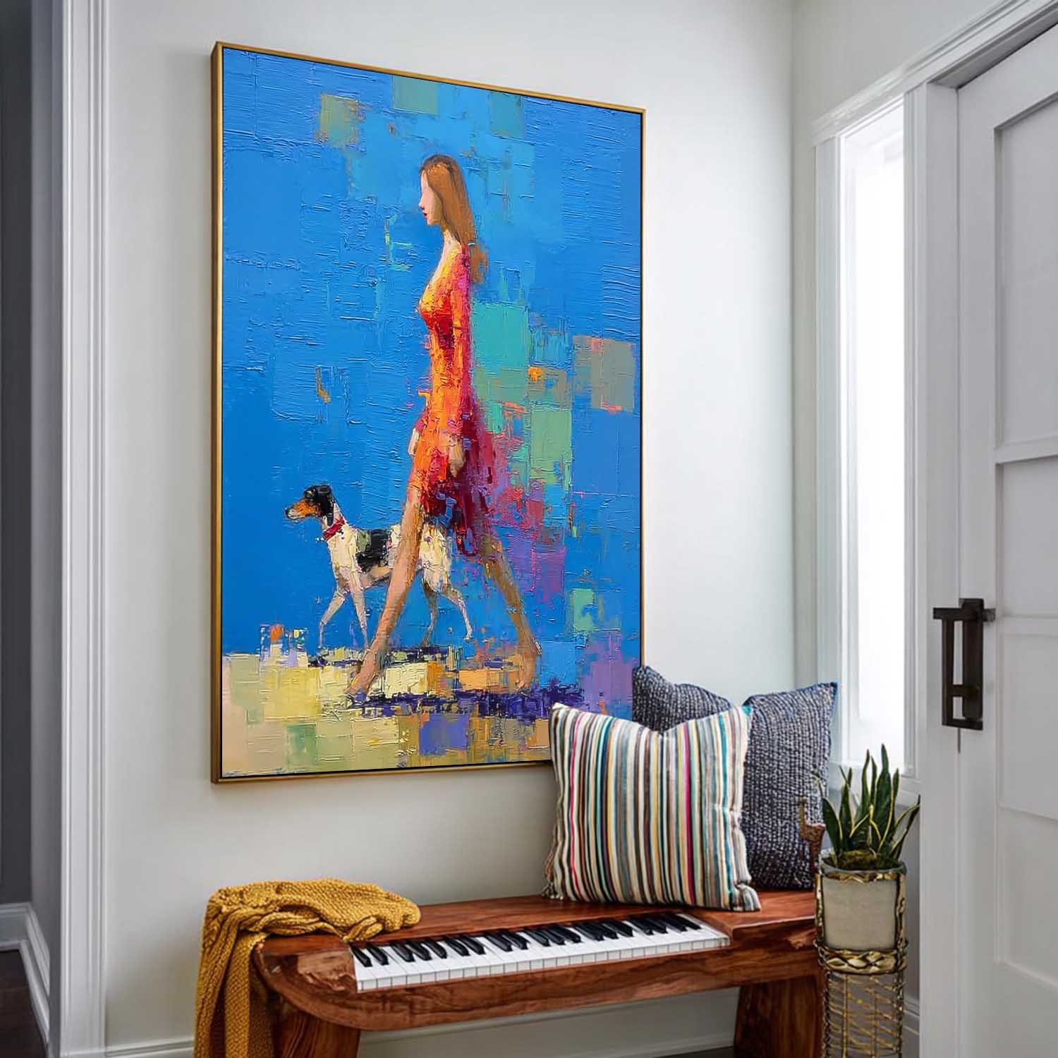 Modern Impressionist Painting Elegant Woman Walking Dog Blue Abstract Wall Art Textured Palette Knife Artwork