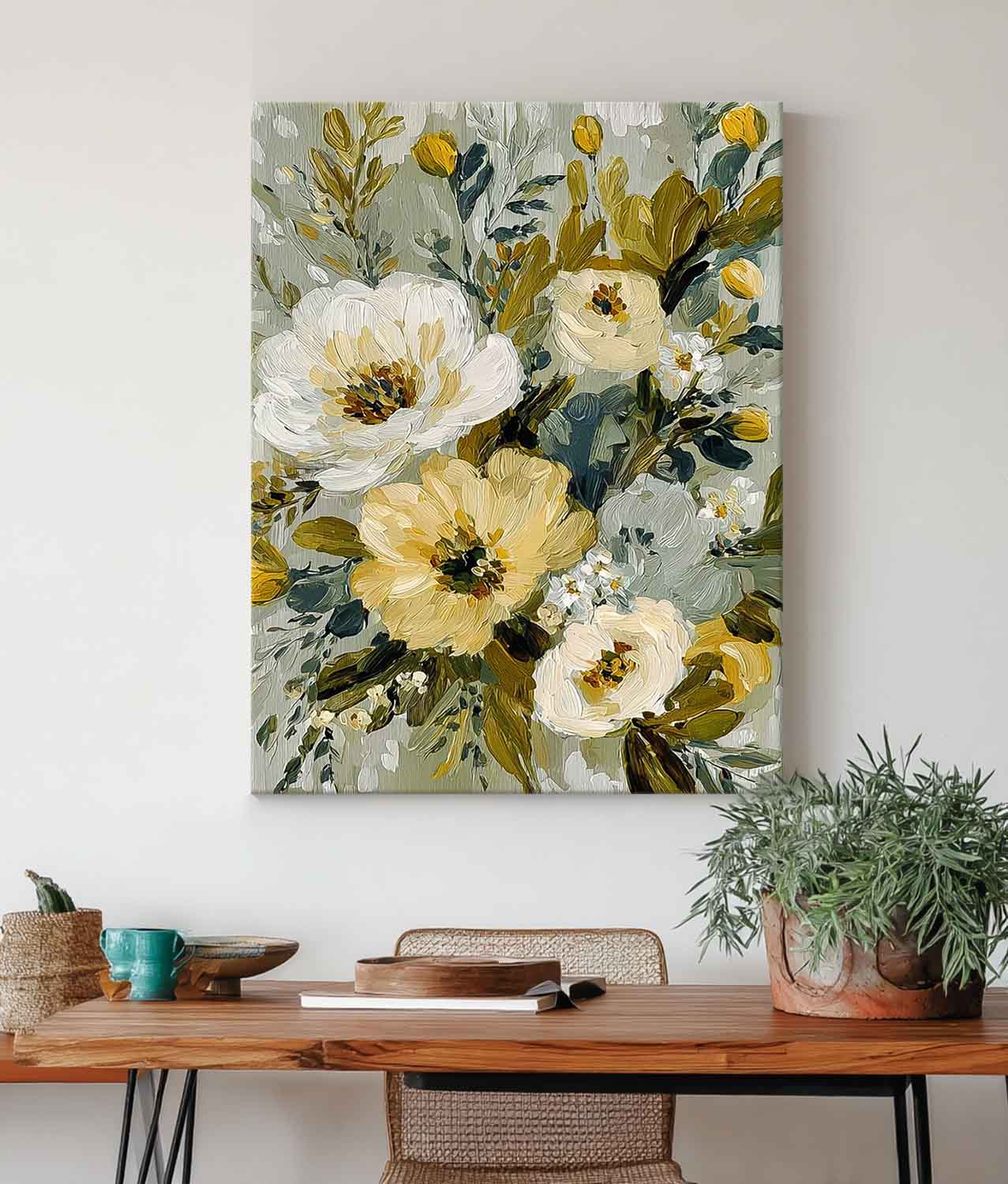 Vintage Floral Wall Art Textured Tulip Oil Painting Sage Green Impasto Botanical Flower Painting Antique Style