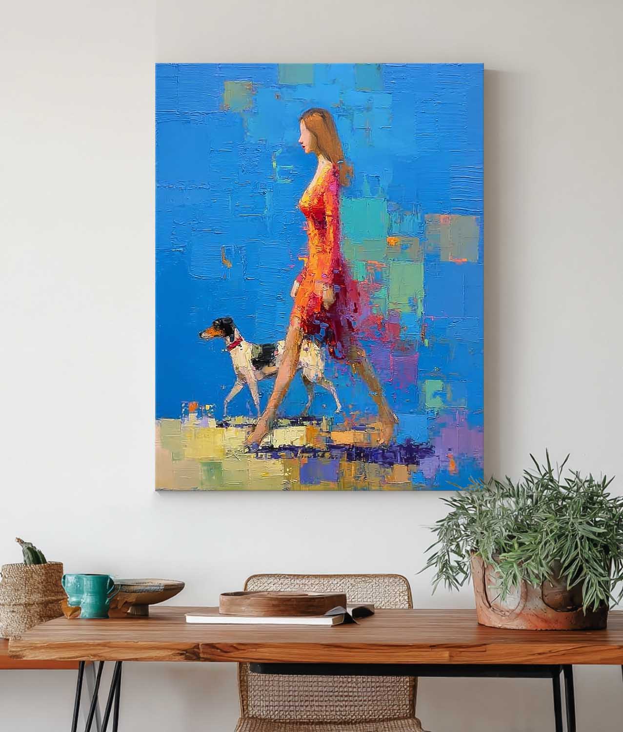 Modern Impressionist Painting Elegant Woman Walking Dog Blue Abstract Wall Art Textured Palette Knife Artwork