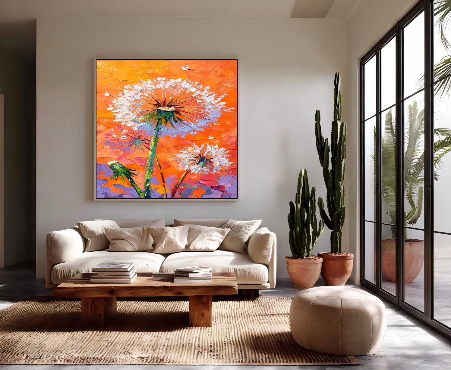Square Heavy Impasto Dandelion Painting 3D Palette Knife Floral Art Modern Vibrant Orange Dandelion Artwork
