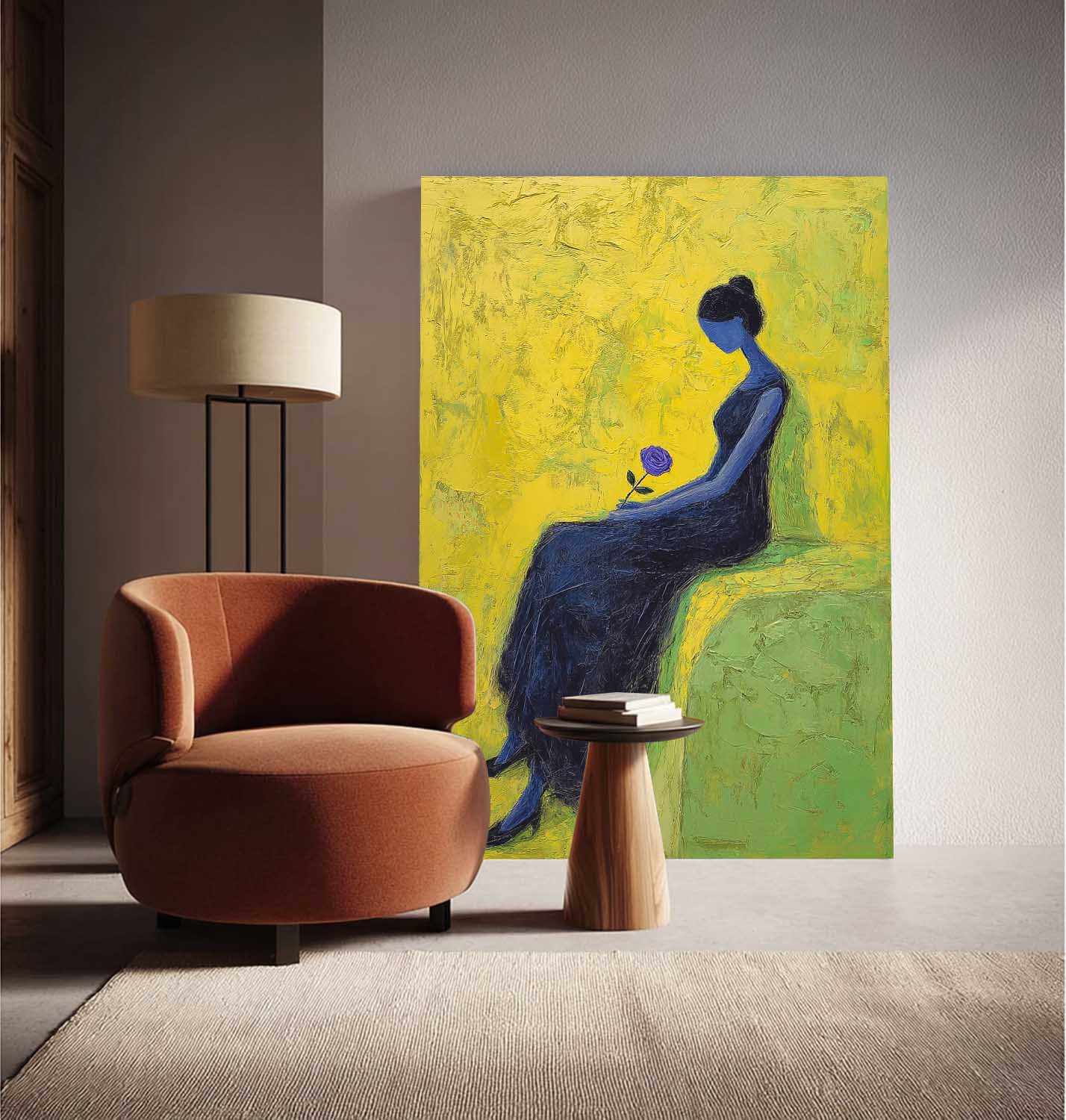 Melancholic Blue Lady Oil Painting Impasto Abstract Wall Art Serene Woman Modern Portrait Textured Artwork