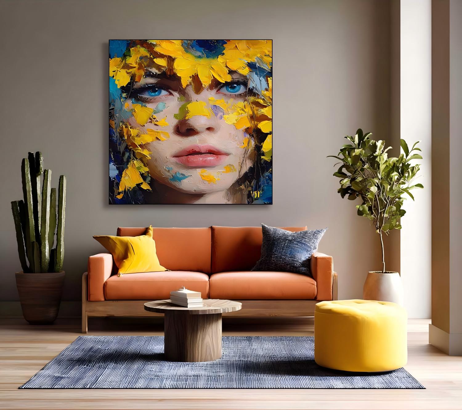 Original Painting Portrait With Sunflowers Modern Thick Brushstroke Wall Art Handmade Canvas Contemporary Artwork