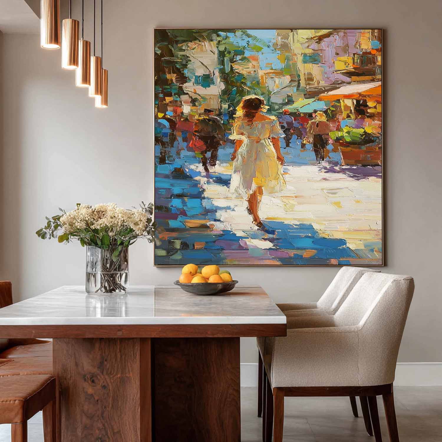 Colorful Impressionist Street Scene Oil Painting Original Artwork City Street Market Scene For Living Room