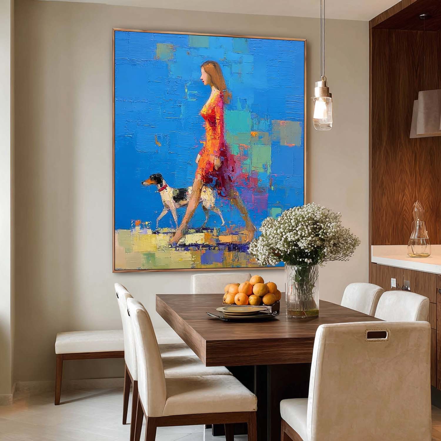 Modern Impressionist Painting Elegant Woman Walking Dog Blue Abstract Wall Art Textured Palette Knife Artwork