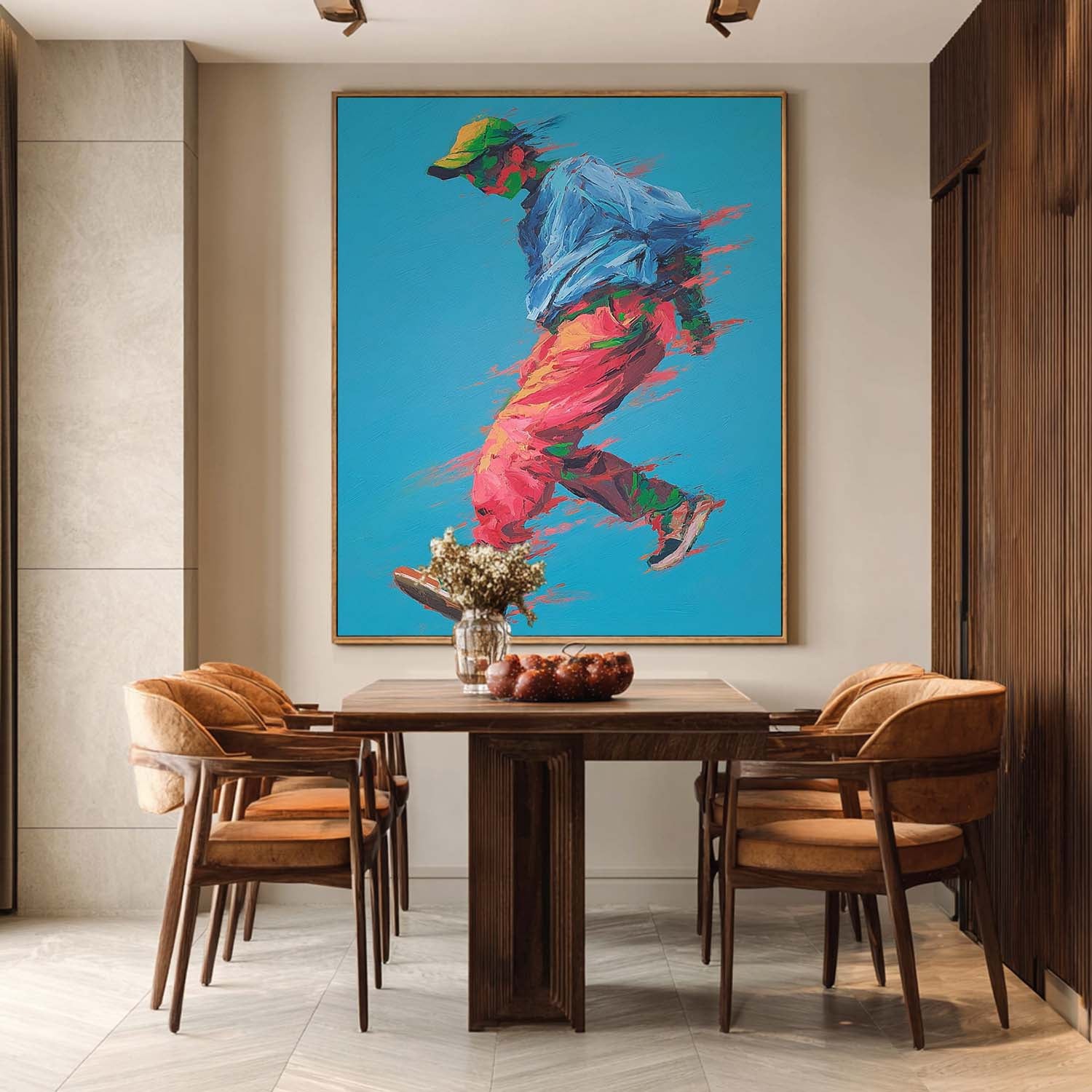 Abstract Motion Figure Colorful Urban Artwork Dynamic Running Man Impasto Painting Energetic Sport Wall Art