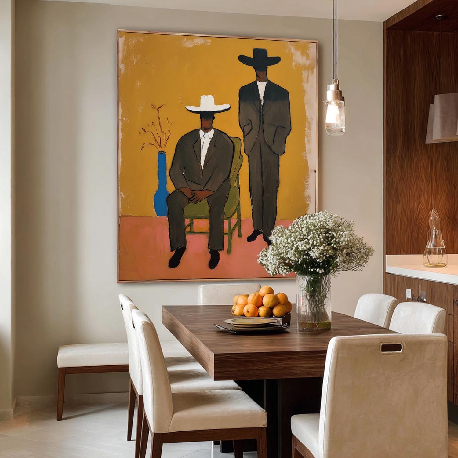 Gentlemen In Suits & Fedoras Painting Vintage Modern Abstract Art For Living Room Unique Home Accent