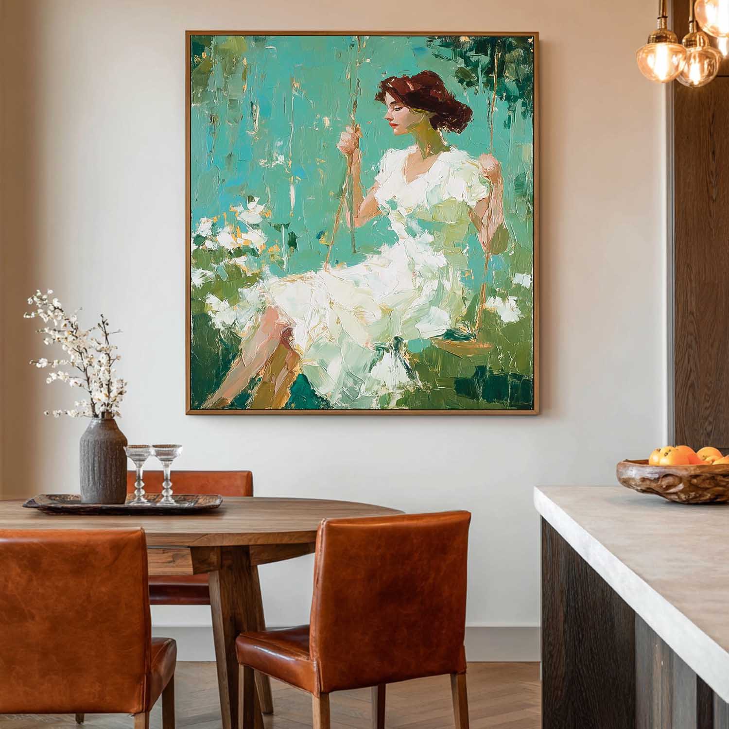 Green Impressionist Oil Painting Of Woman Sitting On Swing Floral Background Wall Art For Living Room