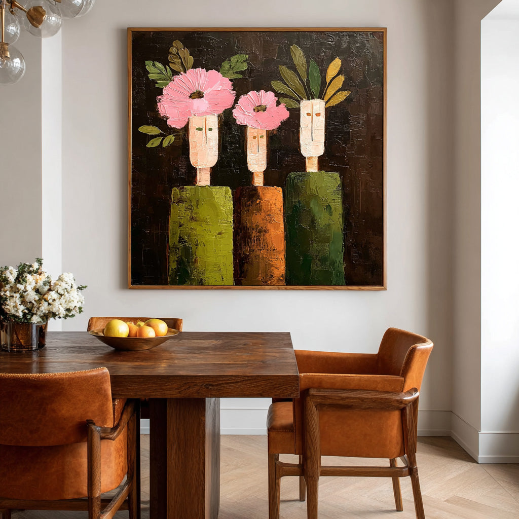 Modern Pink Flowers & Geometric Green Figures Contemporary Wall Art Abstract Floral Oil Painting Canvas