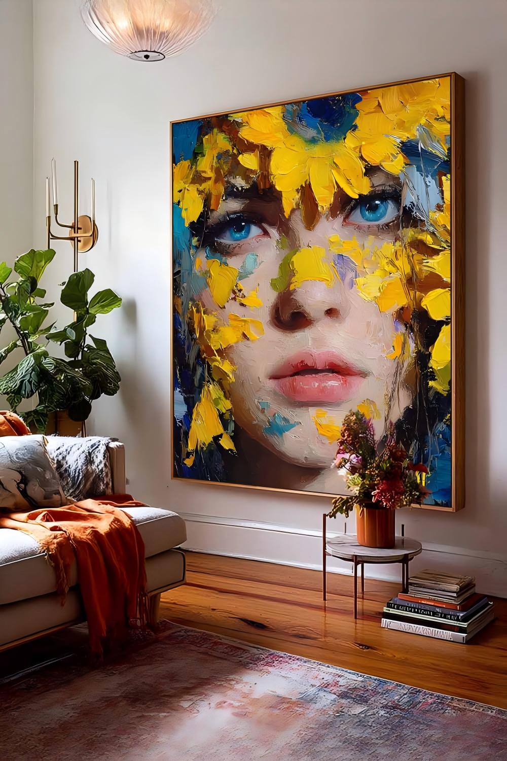 Original Painting Portrait With Sunflowers Modern Thick Brushstroke Wall Art Handmade Canvas Contemporary Artwork