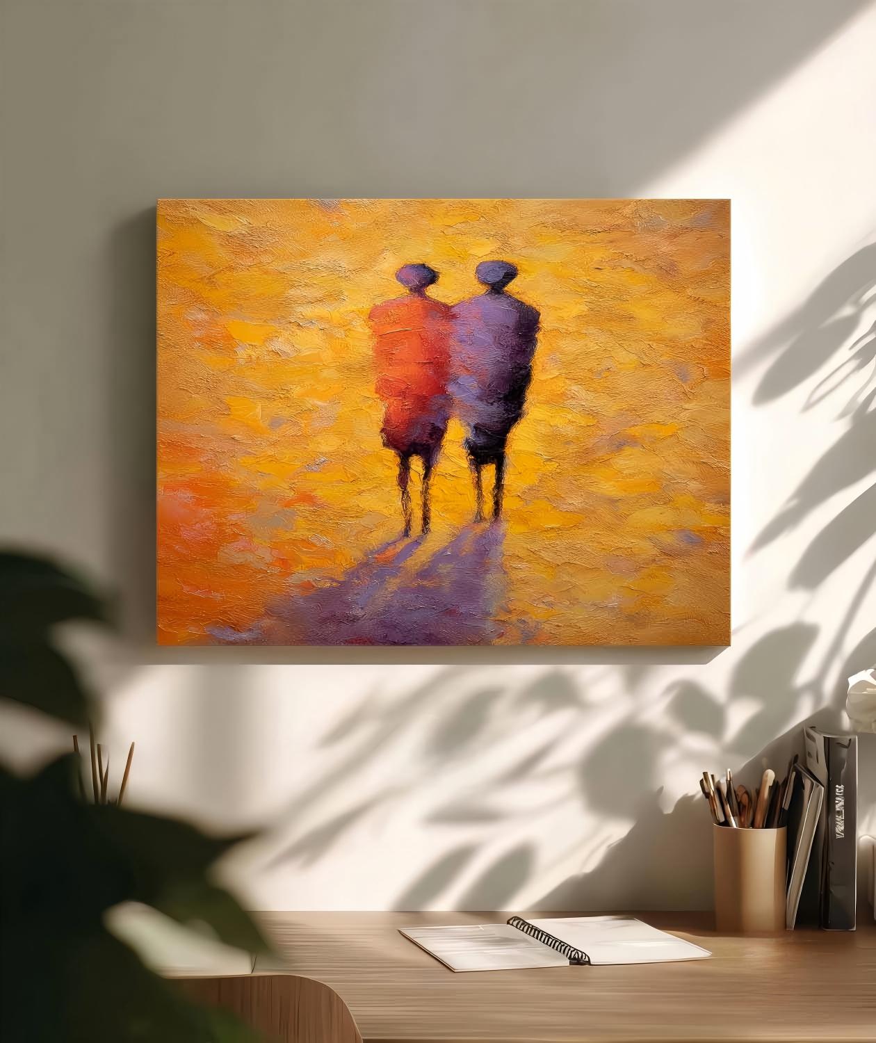 Original Two Figures Silhouette Abstract Painting Warm Tones Couple Friendship Wall Art Decor