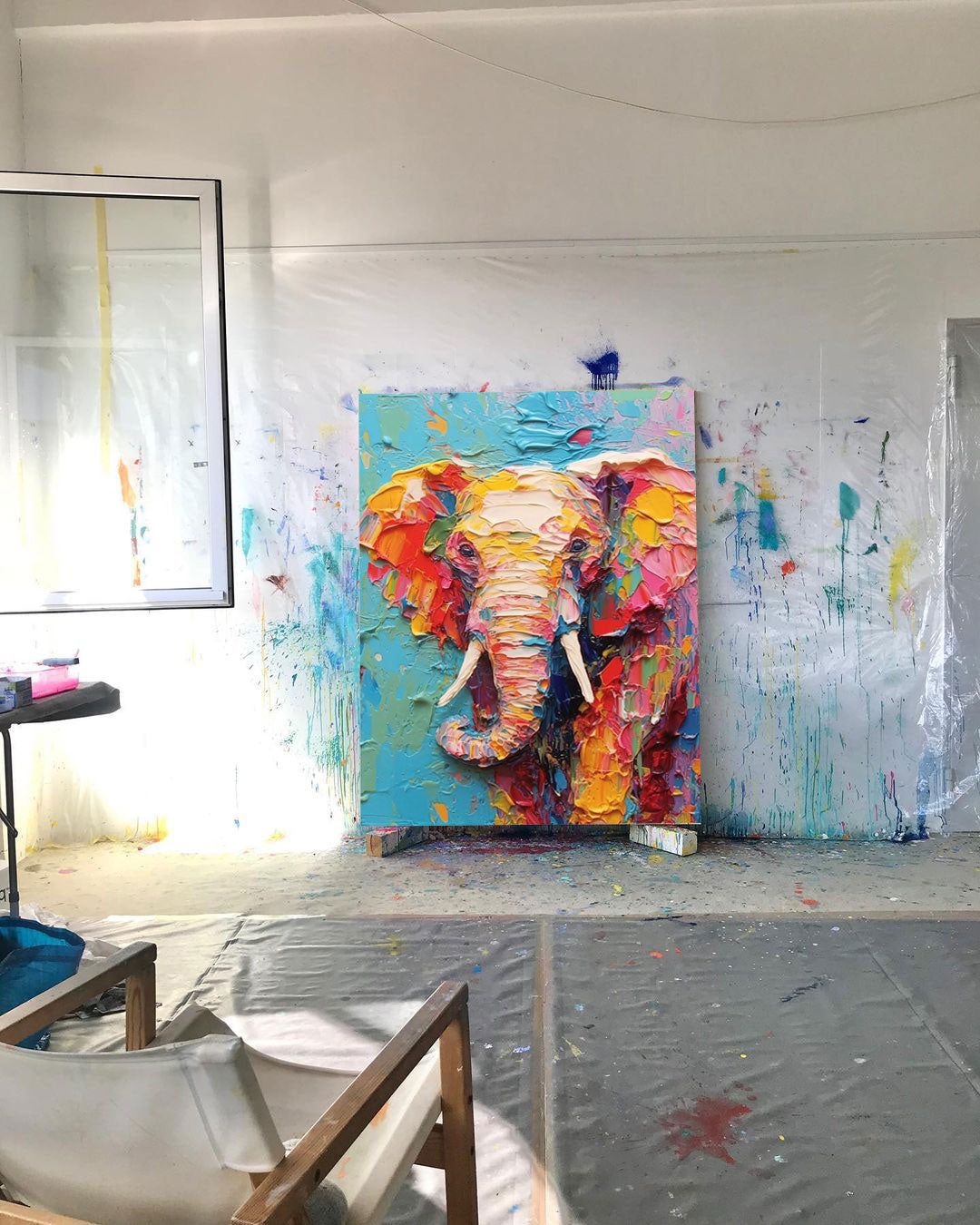 Impressionist Colorful Elephant Oil Painting Textured Canvas Wall Art Modern Animal Oil Painting Framed Living Room Decor