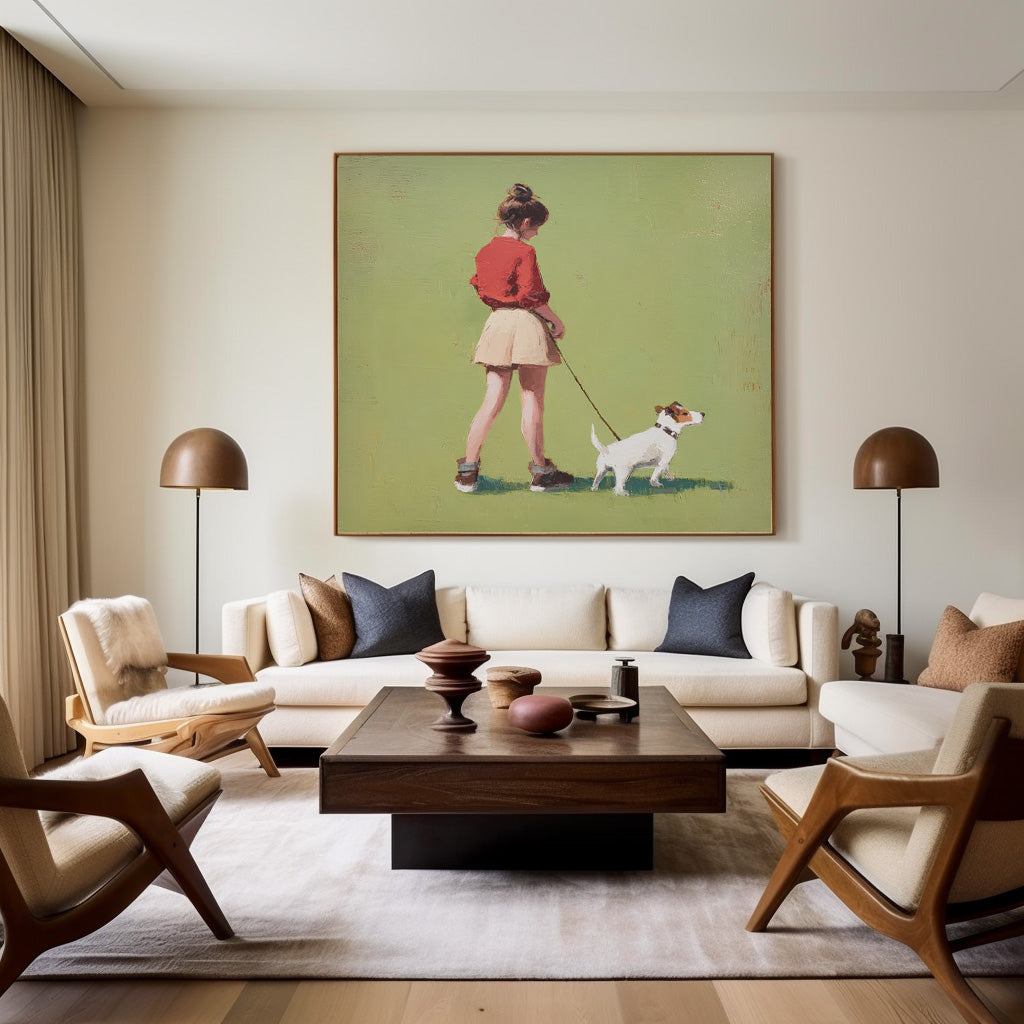 Green Grassland Wall Art Minimalist Girl Walking The Dog Painting Abstract Warm And Peaceful atmosphere
