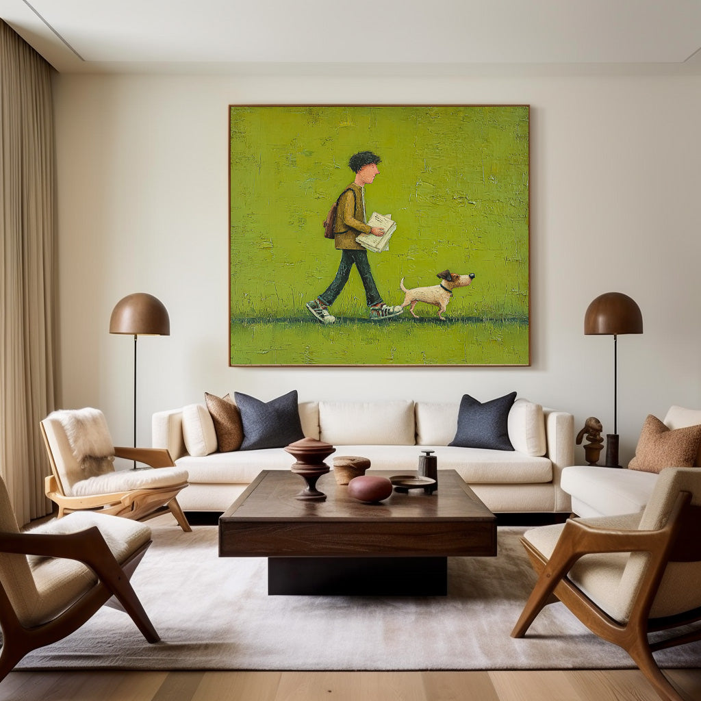 Abstract Warm And Peaceful atmosphere Landscape Green Grassland Wall Art Minimalist Boy Walking The Dog Painting