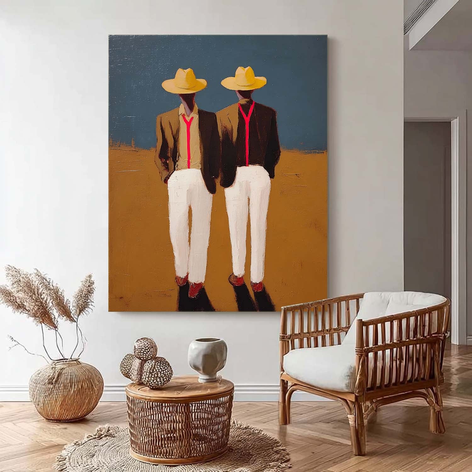 Original Retro Denim Painting Modern Duet Wall Art Abstract Figures With Yellow Hats & Red Suspenders Artwork