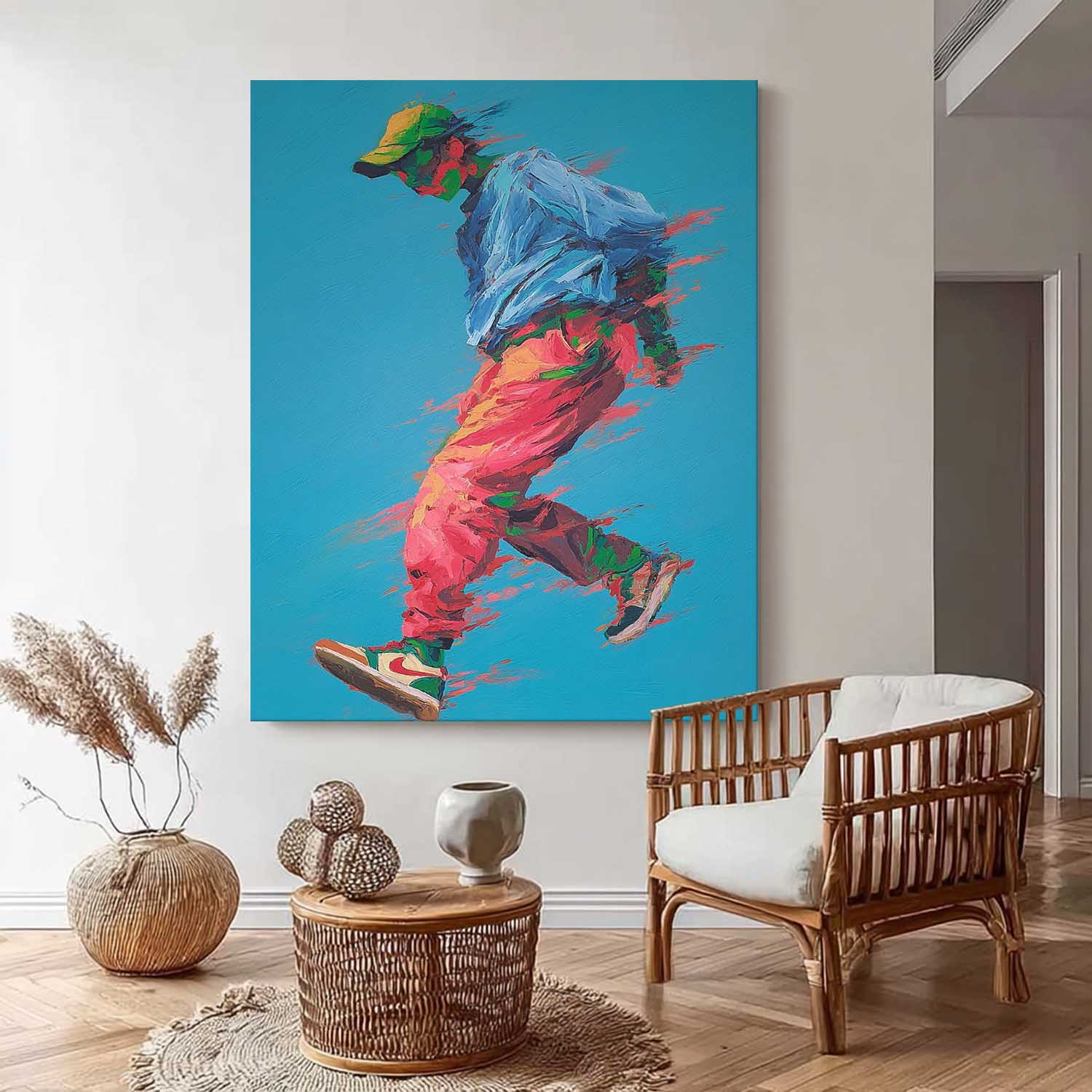 Abstract Motion Figure Colorful Urban Artwork Dynamic Running Man Impasto Painting Energetic Sport Wall Art