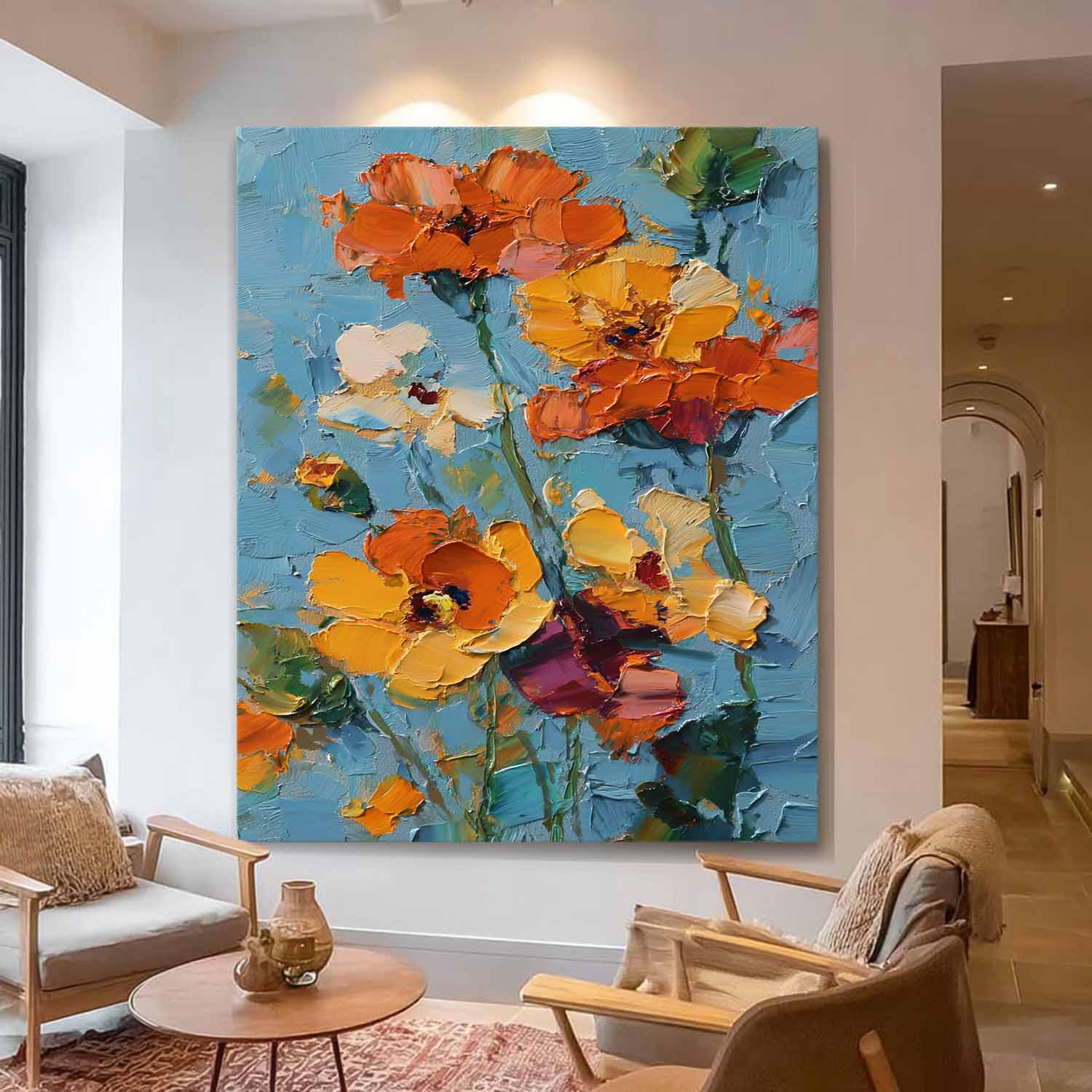 Impasto Oil Floral Bouquet Wall Art Vibrant Orange-Yellow Blooms On Teal Background Textured Modern Home Decor