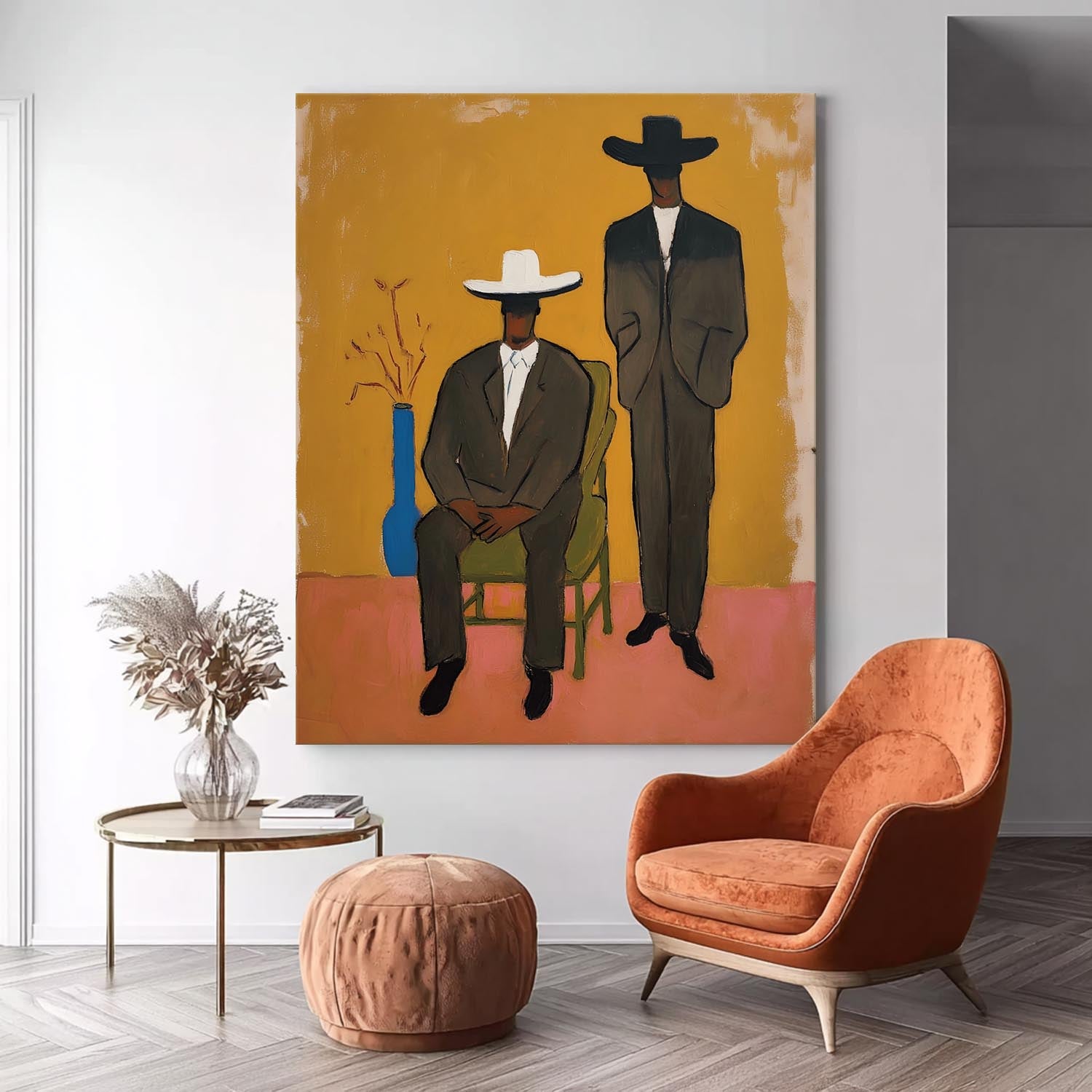 Gentlemen In Suits & Fedoras Painting Vintage Modern Abstract Art For Living Room Unique Home Accent