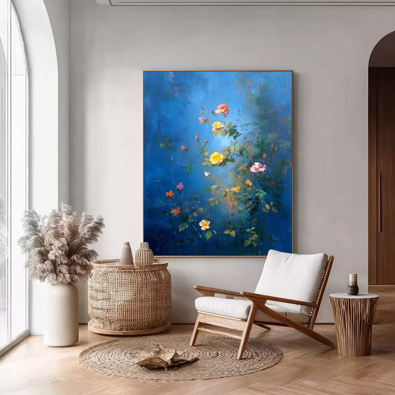 Modern Wall Art Hand-Painted Lotus Pond Artwork Blue Toned Abstract Lotus Flower Oil Painting On Canvas