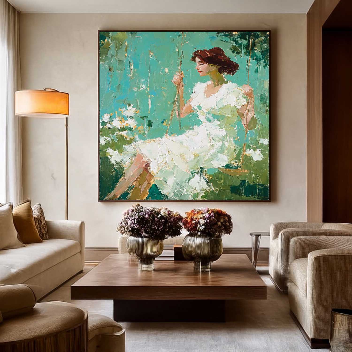 Green Impressionist Oil Painting Of Woman Sitting On Swing Floral Background Wall Art For Living Room