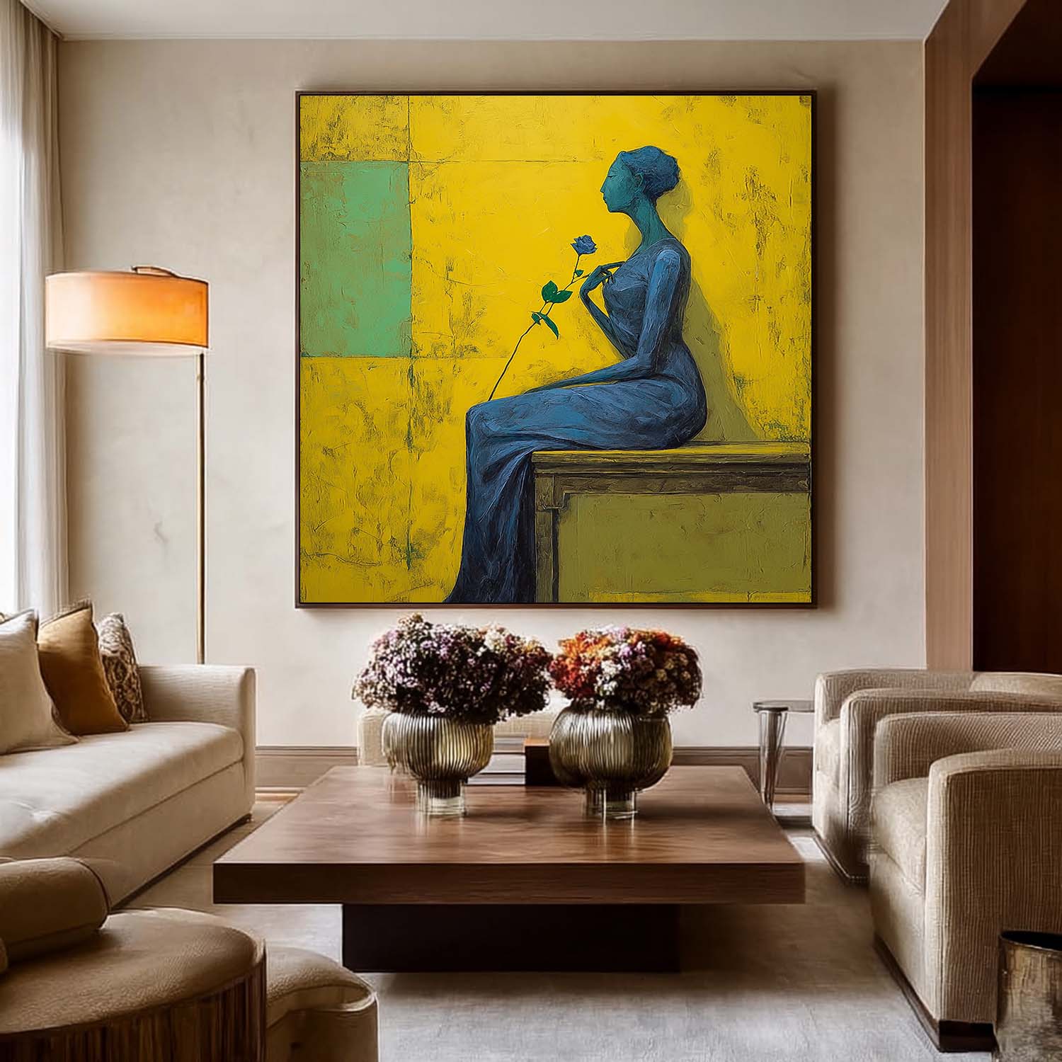 Modern Square Abstract Portrait Painting Elegant Woman In Blue With Rose Yellow & Green Geometric Wall Art