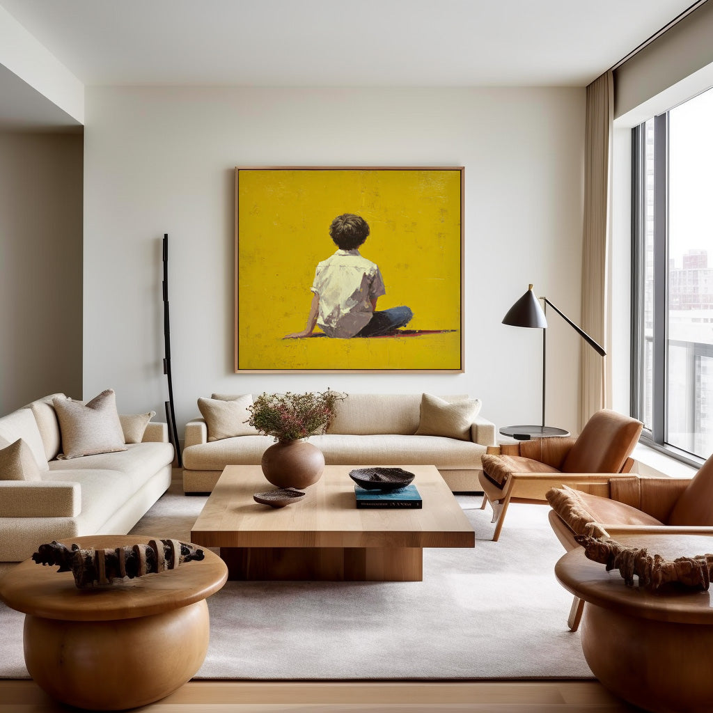 Minimalist Boy View Of Back Painting Bright Yellow Wall Art Abstract Warm atmosphere Art For Living Room