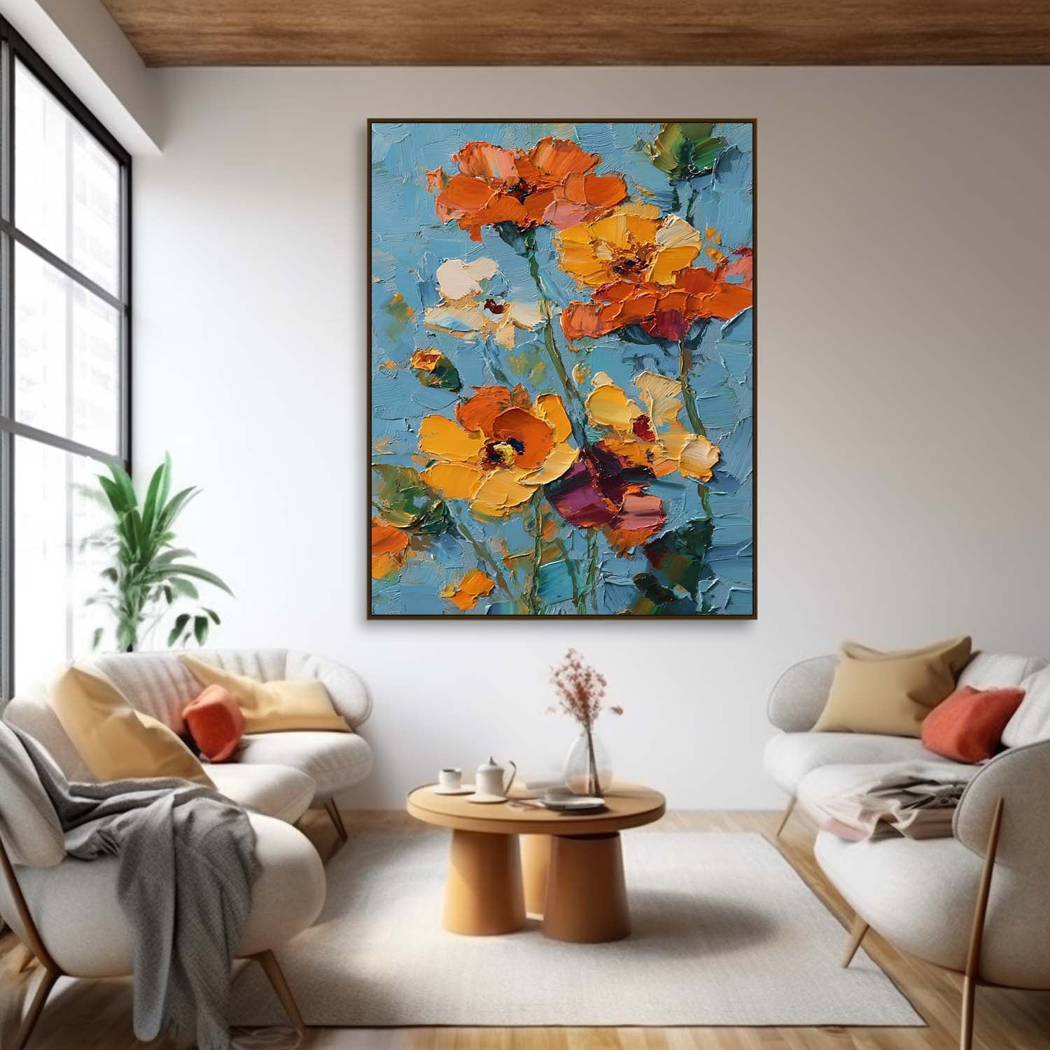 Impasto Oil Floral Bouquet Wall Art Vibrant Orange-Yellow Blooms On Teal Background Textured Modern Home Decor