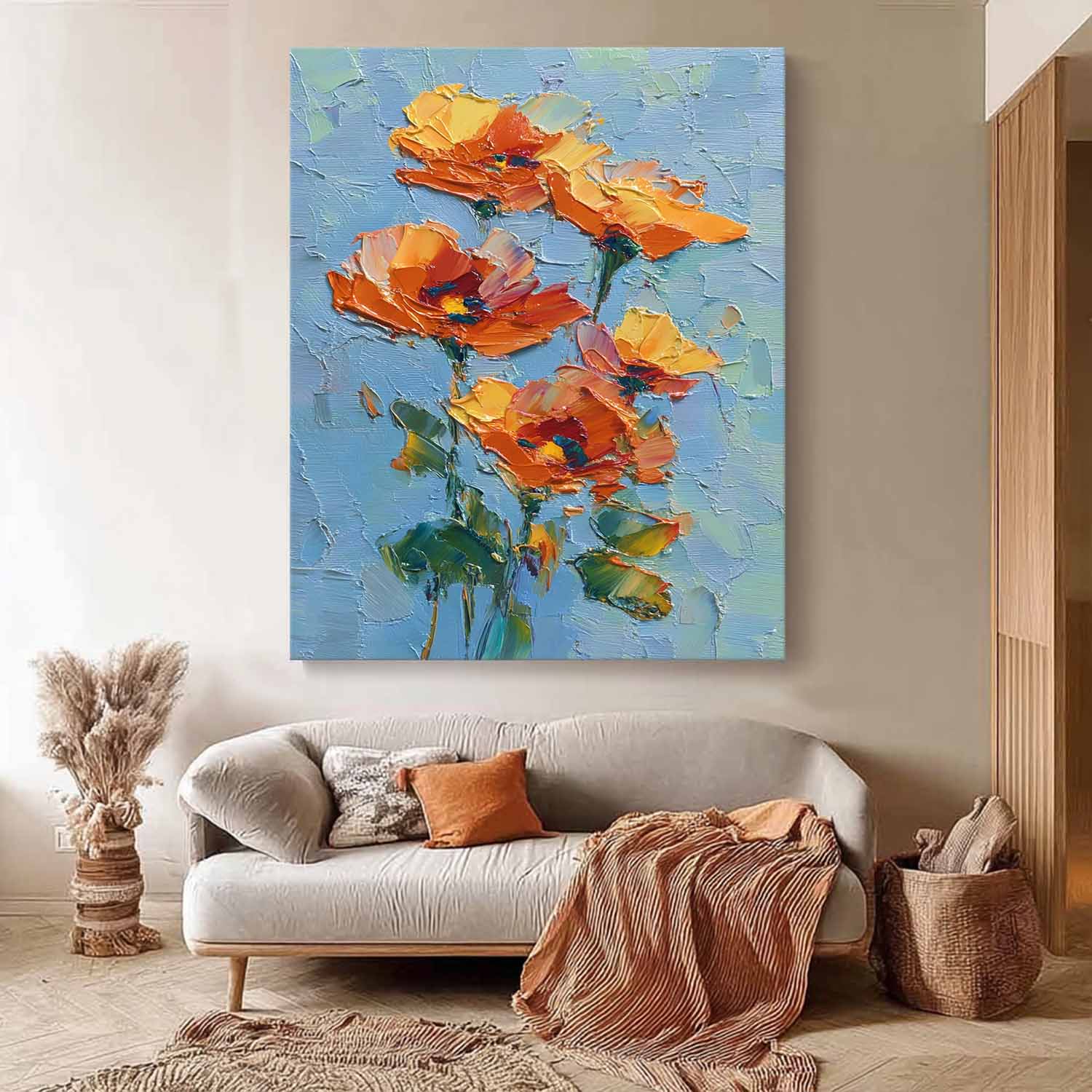 Vibrant Orange-Yellow Blooms On Teal Background Impasto Oil Floral Bouquet Wall Art Textured Modern Home Decor