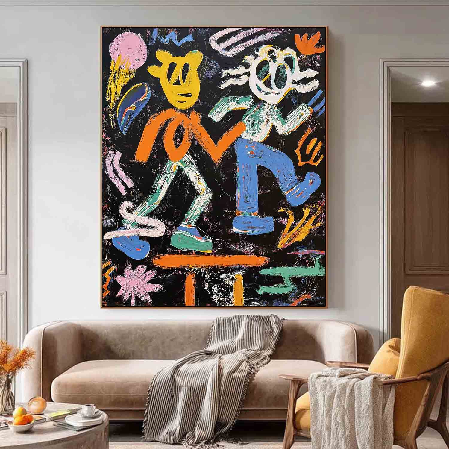 Whimsical Pop Art Colorful Doodle Impasto Oil Painting Vibrant Sun & Flower Abstract Playful Texture Artwork