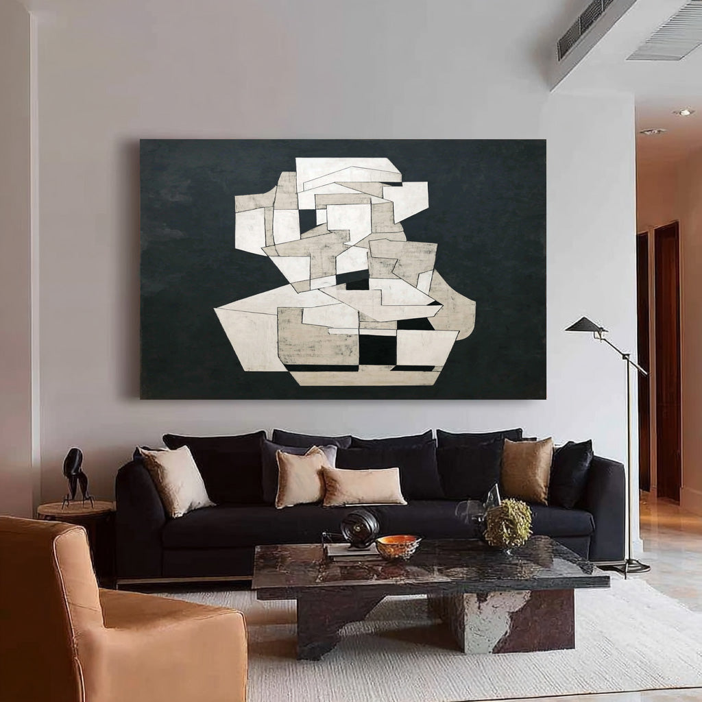 Modern Canvas Painting For Home Decor Abstract Geometric Black & White Wall Art Minimalist Unique Artwork