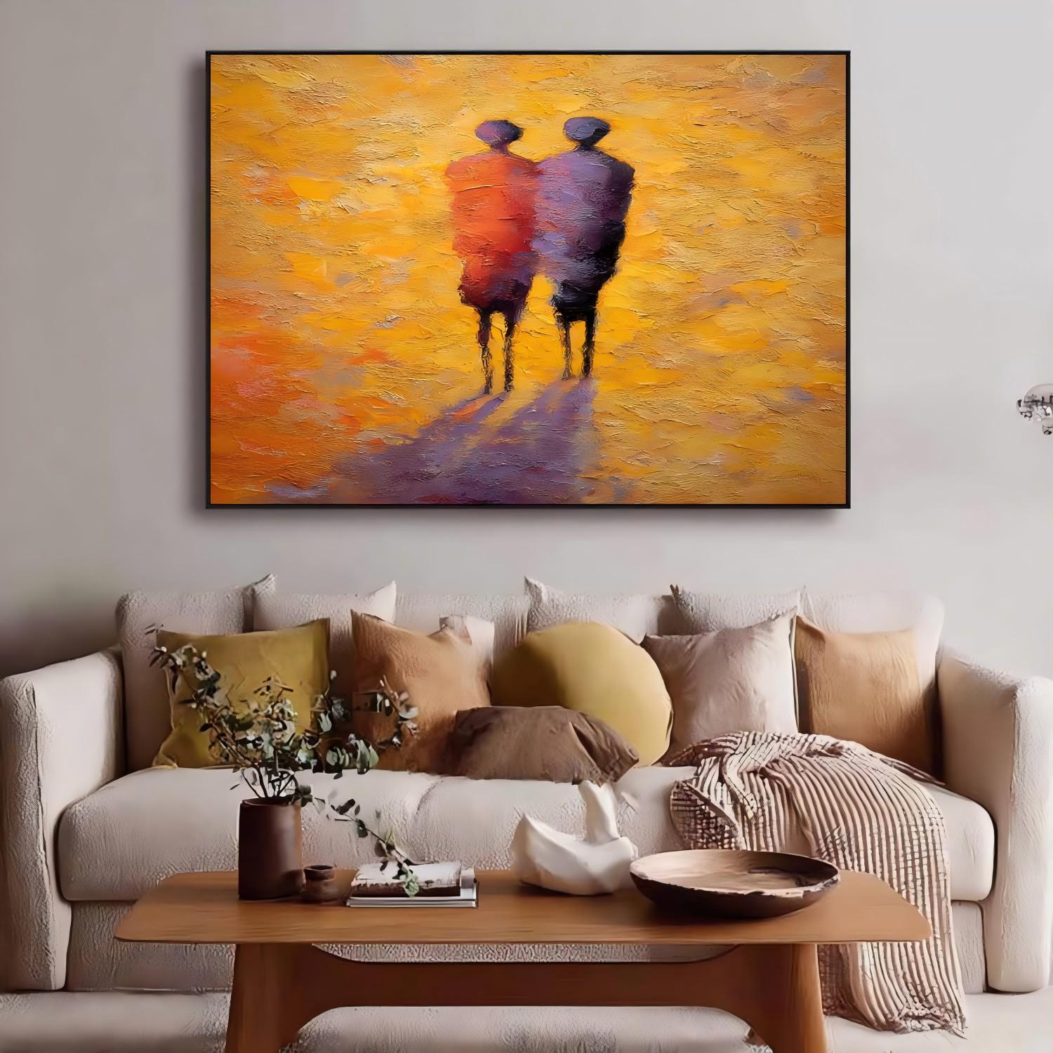 Original Two Figures Silhouette Abstract Painting Warm Tones Couple Friendship Wall Art Decor