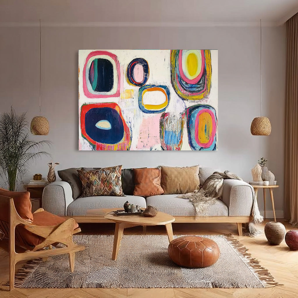 White Abstract Oil Painting Modern Colorful Handmade Artwork Original Irregular Geometric Circles Wall Art