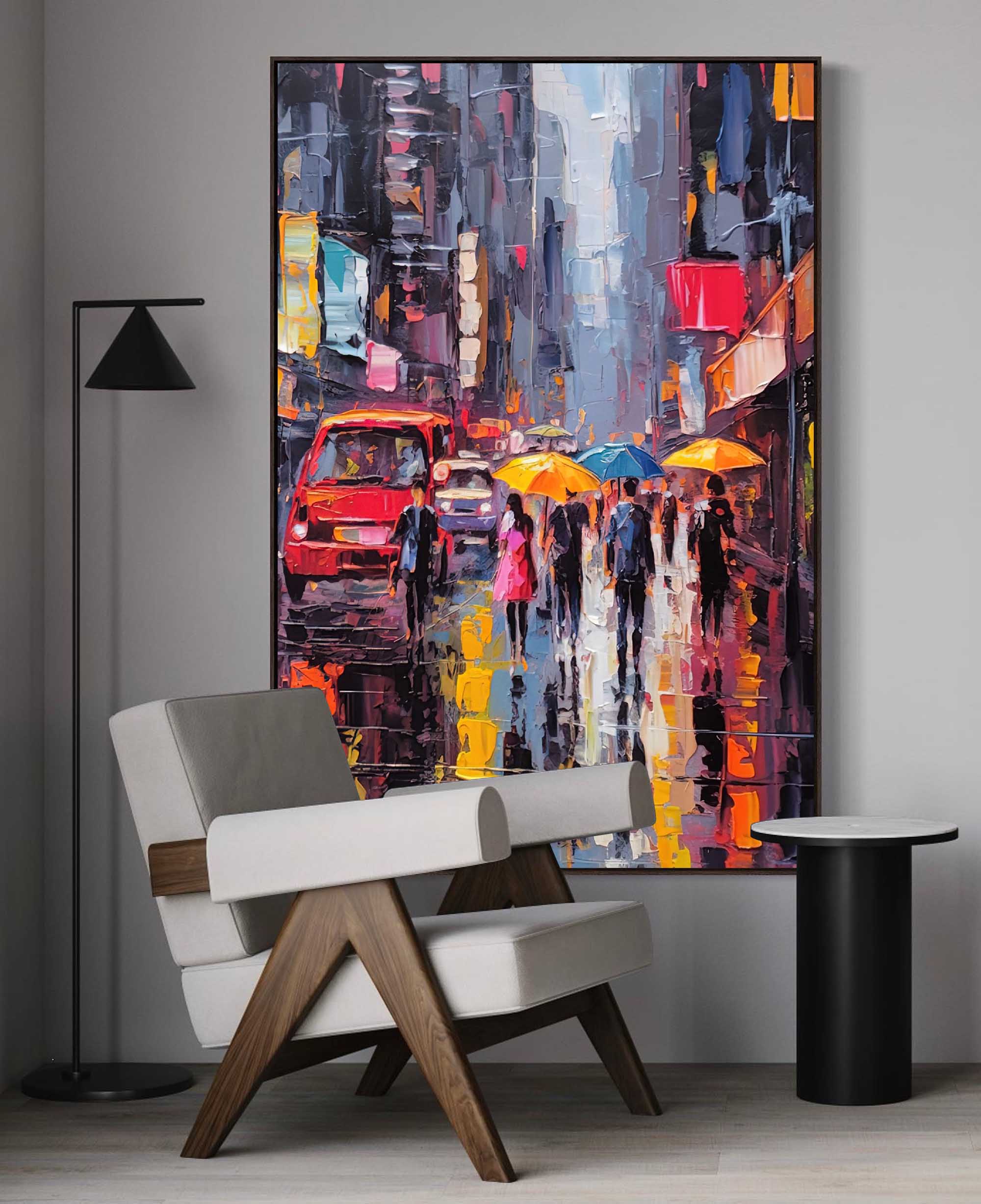 Original Modern Rainy Night Cityscape Oil Painting On Canvas Abstract Urban Scene Art Large Wall Art Home Decor